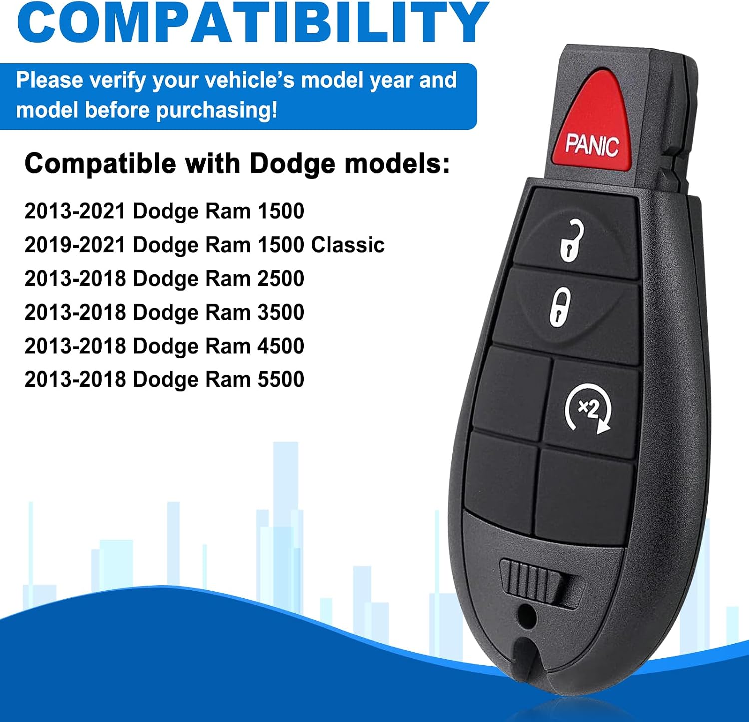 Key Fob Replacement Fits for 2013-2021 Dodge Ram, 2Pcs