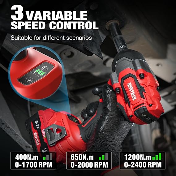 Cordless Impact Wrench, 900Ft-lbs (1200N.m) 1/2 Brushless Impact Gun, 20V High Torque Power Impact Driver, 2x4.0Ah Batteries,Brushless Motor 2400 RPM Variable Speeds for Family Car/Pickup Truck/Mower