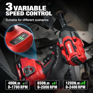 Cordless Impact Wrench, 900Ft-lbs (1200N.m) 1/2 Brushless Impact Gun, 20V High Torque Power Impact Driver, 2x4.0Ah Batteries,Brushless Motor 2400 RPM Variable Speeds for Family Car/Pickup Truck/Mower