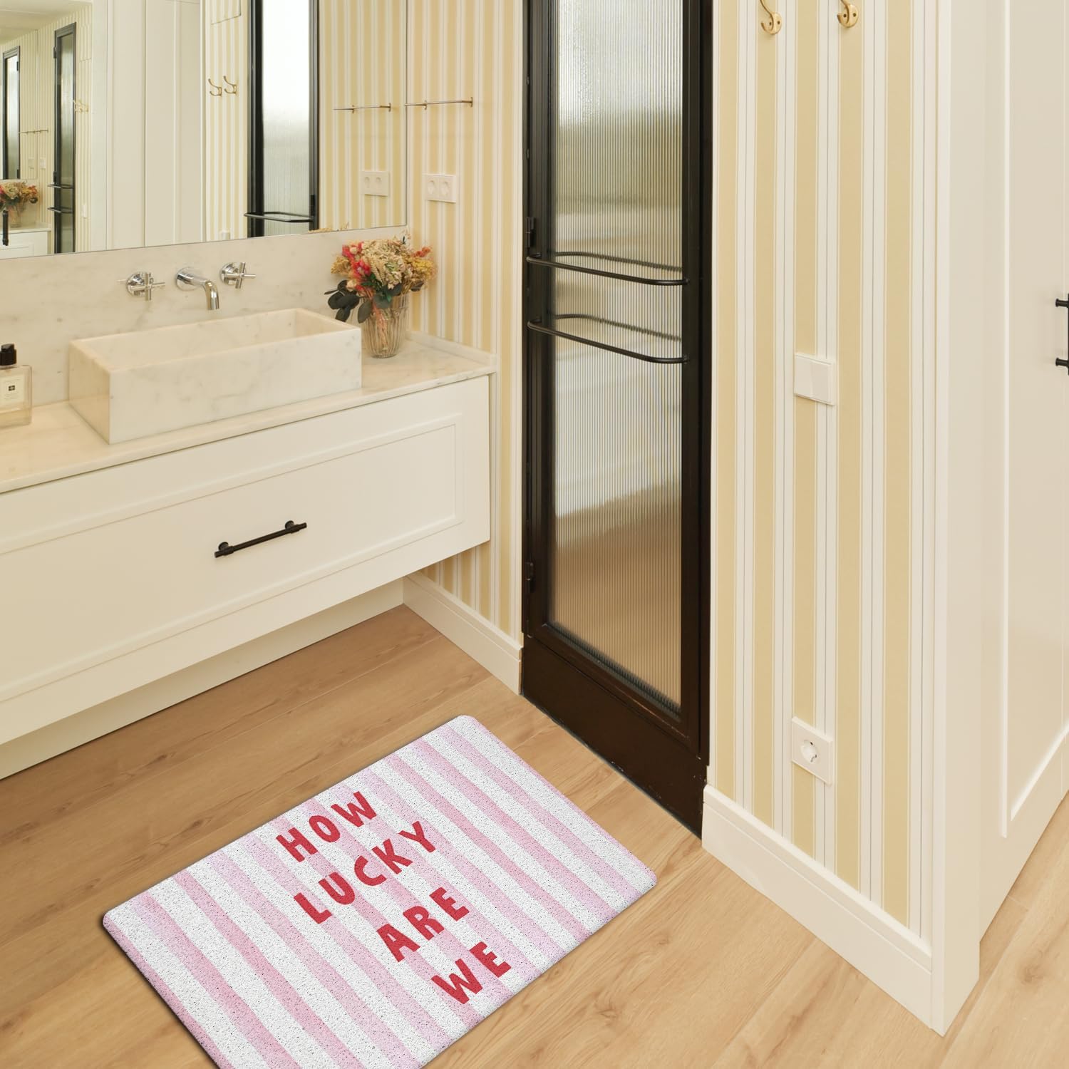 JINYO Trendy Aesthetic Pink Red Striped Door Mat, Cute Girly How Luck are We Welcome Mat Doormat for Girls Room Dorm Apartment Indoor Outside Entrance Entryway, 17x30 Inch