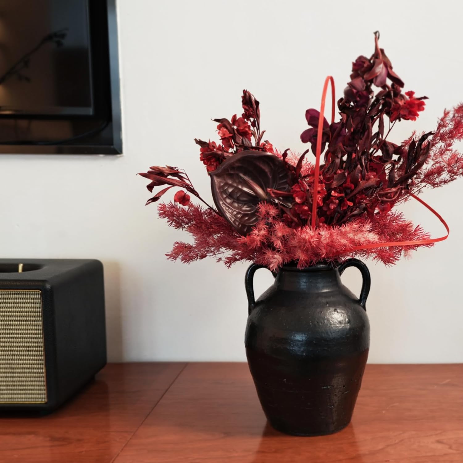 Wild Works Bailey Handmade Black Vase with 2 Ear Design - 9.6'' Tall Terracotta Vase, Vintage Rustic Antique Decor, Black Ceramic Vases, Flower for Living Room, Entrance,Wabi-sabi Decorations