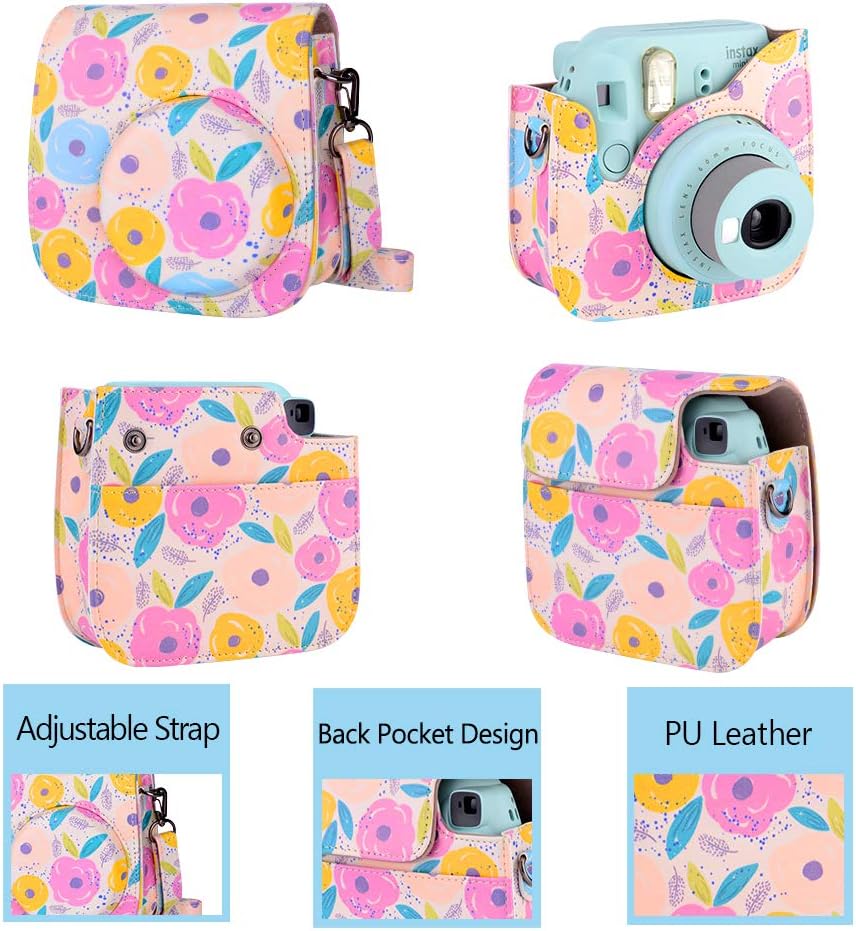 Tiessic Mini 9 Camera Case Compatible with Fujifilm Instax Mini 9 Mini 8 Mini 8+ Camera with Shoulder Strap and Pocket - Rape Flower