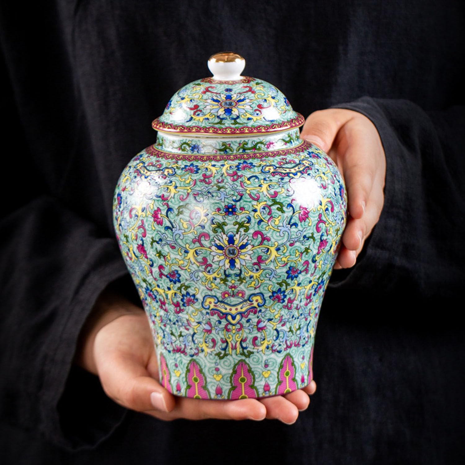 Słoik na imbir z emalii w stylu chinoiserie, kolorowy ceramiczny słoik