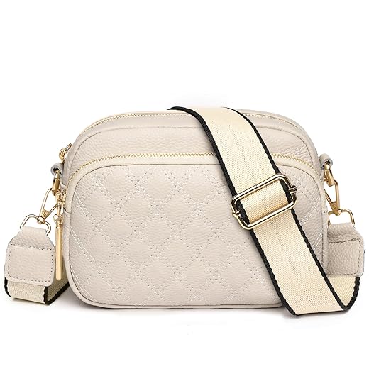 Eslcorri Quilted Crossbody Bags for Women Trendy - Small Vegan Crossbody Purse Wide Strap Ladies Shoulder Handbags Multi Zipper Pockets Wallet for Summer Travel Shopping - Off White