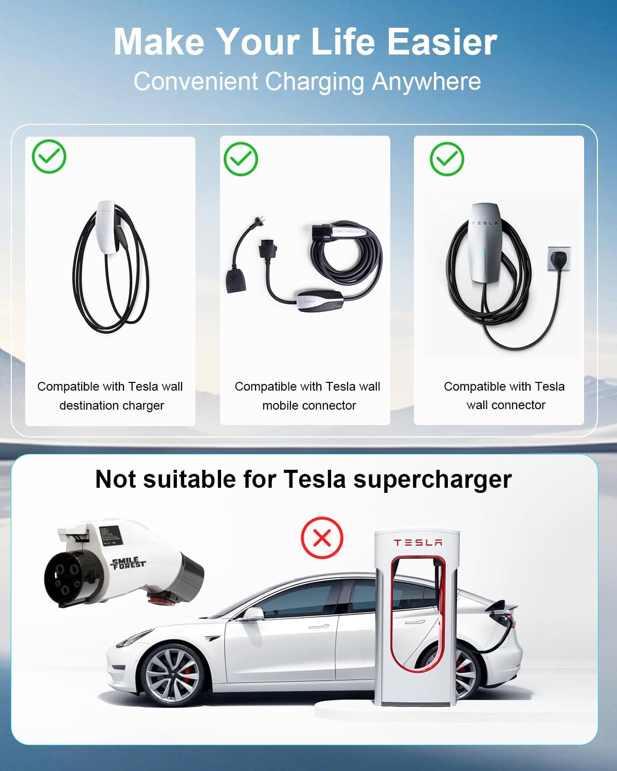 2025 Upgraded Tesla to J1772 Adapter[Only to J1772],Max 60A 250V Converter Compatible with Tesla Wall/Mobile/Destination Chargers,Tesla Charger Adapter with Press-Safety-Lock,White