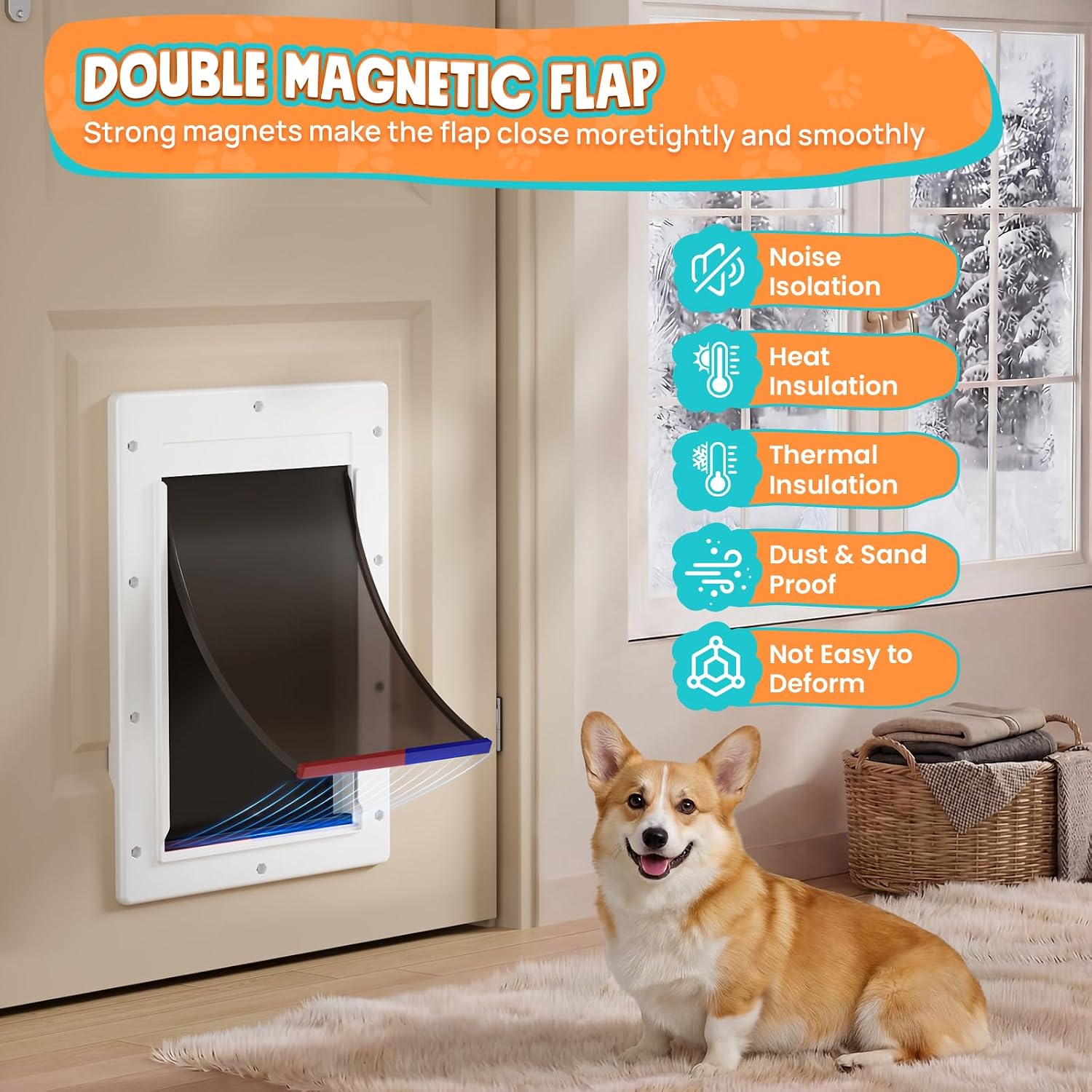 Medium Plastic Dog Door for Door, Never Rust Doggy Door, Doggie Door for Interior and Exterior Doors, Plastic Pet Door with Double Magnetic Flaps, Closing Panel, Pet Up to 45 LBS (White)