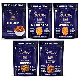 Evolve Chips Combo - Healthy Snacks for Kids, Adults | Baked Bhakarwadi, Ragi & Oats Chips, Quinoa Chips, Soya Corn | Fresh, Roasted, No Artificial Colors - 100g Pack of 5