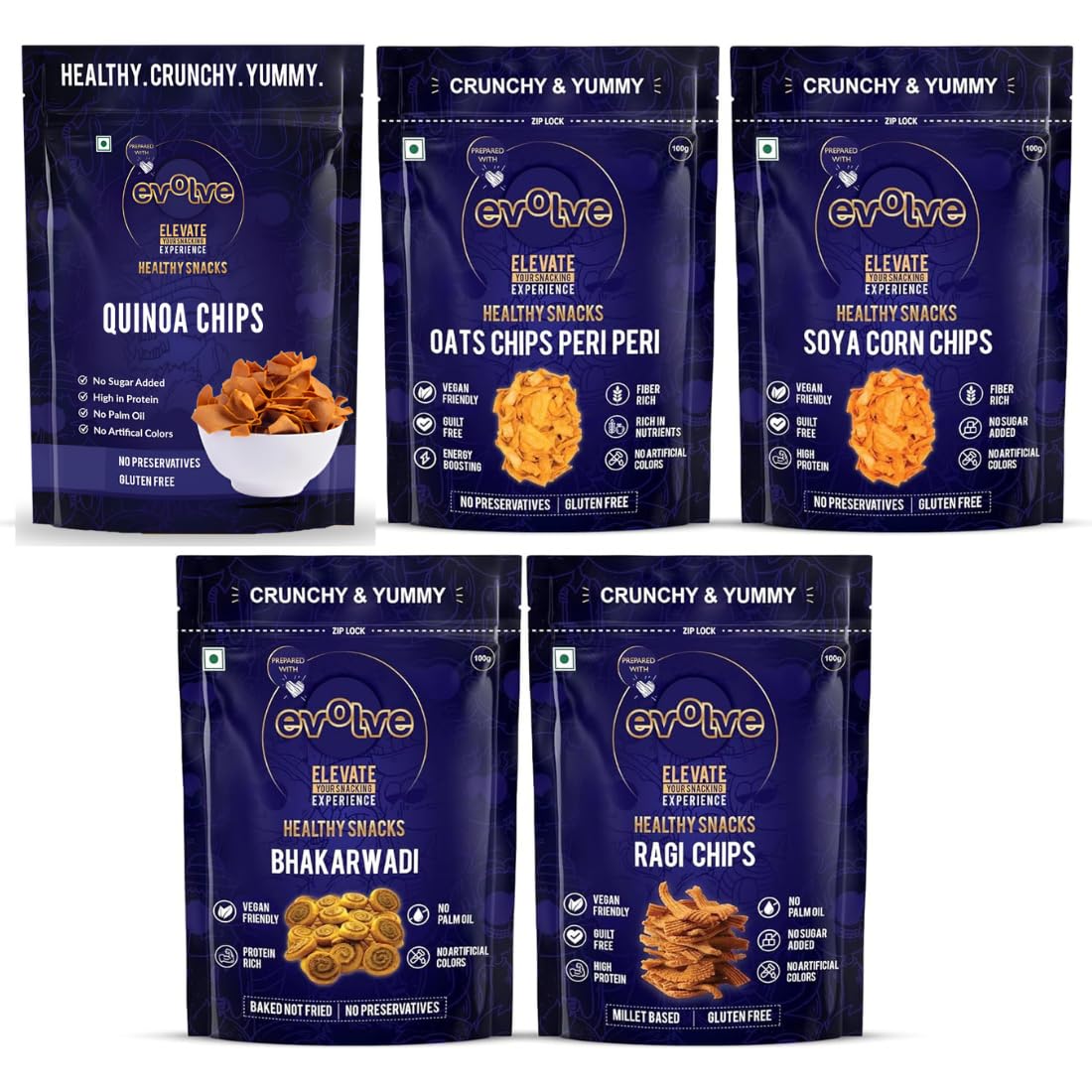 Chips Combo - Healthy Snacks for Kids, Adults | Baked Bhakarwadi, Ragi & Oats Chips, Quinoa Chips, Soya Corn | Fresh, Roasted, Vegan, No Artificial Colors - 100g Pack of 5