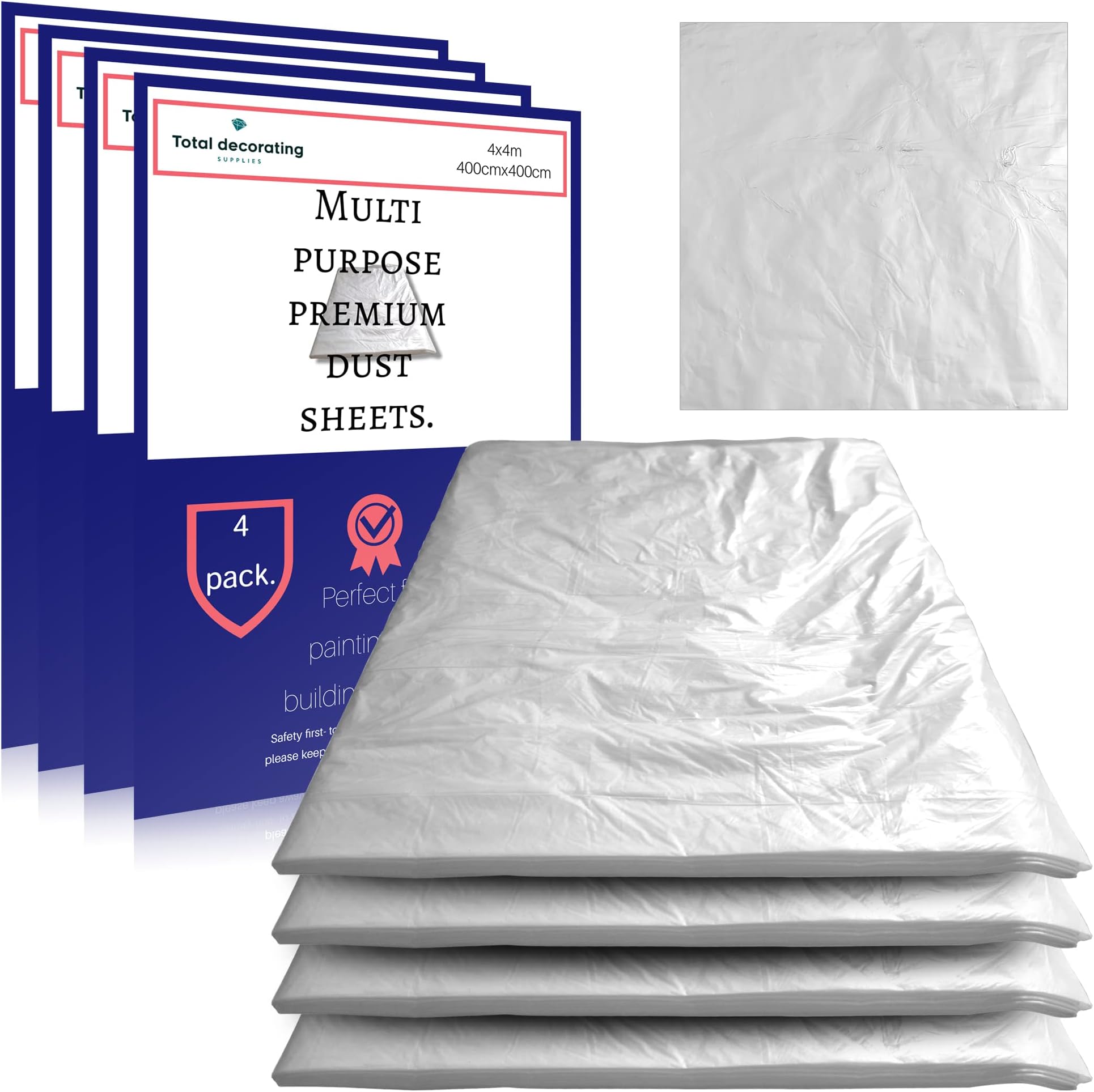 4 Pack Extra Large 4x4m Plastic dust Sheets- Protects Furniture When Painting, Decorating, Durable, Reusable, Foldable, eco Friendly