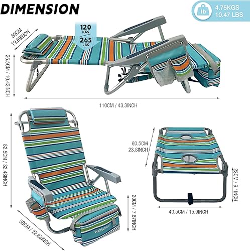 Miniatura 3 de Silla de playa de aluminio con mesa de camping plegable de 5 posiciones, silla de descanso plana para exteriores para adultos con bolsa térmica