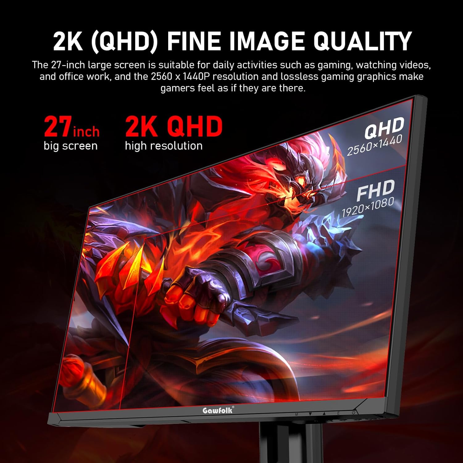 Gawfolk 27 inch 2K QHD(2560×1440) PC Screen, 180Hz Gaming Monitor, 1ms Without Bezel, FreeSync,100% sRGB, 178° Wide Viewing Angle, HDMI2.0、DisplayPort, 75 * 75MM Wall Mount Compatible - Black - 3