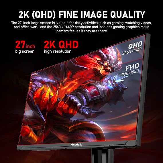 Gawfolk 27 inch 2K QHD(25601440) PC Screen, 180Hz Gaming Monitor, 1ms Without Bezel, FreeSync,100% sRGB, 178 Wide Viewing Angle, HDMI2.0DisplayPort, 75 * 75MM Wall Mount Compatible - Black