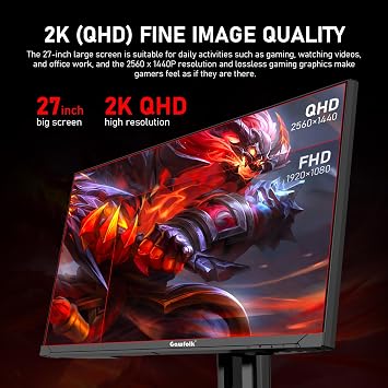 Gawfolk 27 inch 2K QHD(25601440) PC Screen, 180Hz Gaming Monitor, 1ms Without Bezel, FreeSync,100% sRGB, 178 Wide Viewing Angle, HDMI2.0DisplayPort, 75 * 75MM Wall Mount Compatible - Black