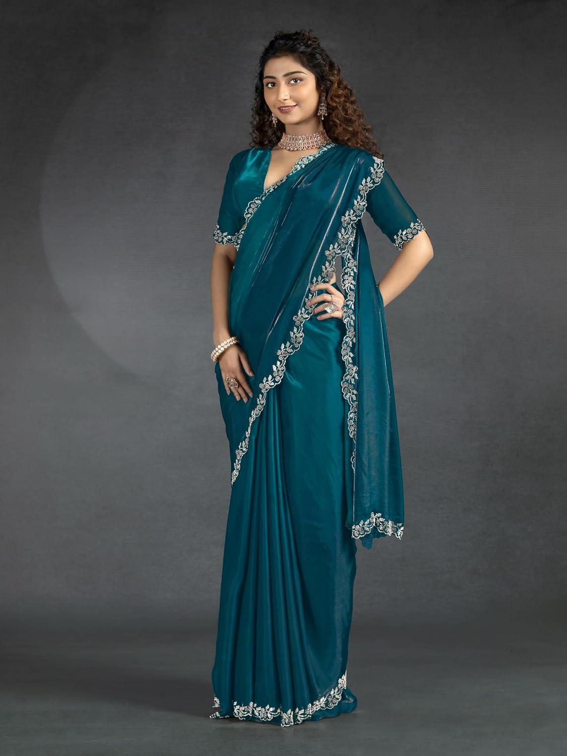 TRENDMALLS Women's Satin Georgette Zarkan work Saree with Unstitch Blouse Piece