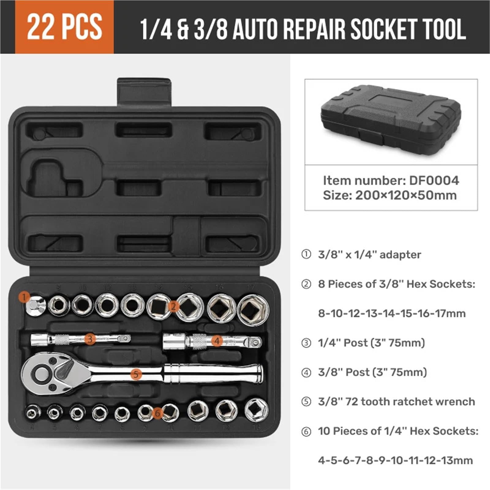 Juego de Llaves Tubo 46/22 Piezas con accionamiento 1/4" y 3/8", Kit Herramientas Profesional Acero Estuche Compacto Negro for reparación automóviles para Hogar o Garaje(46PCS)