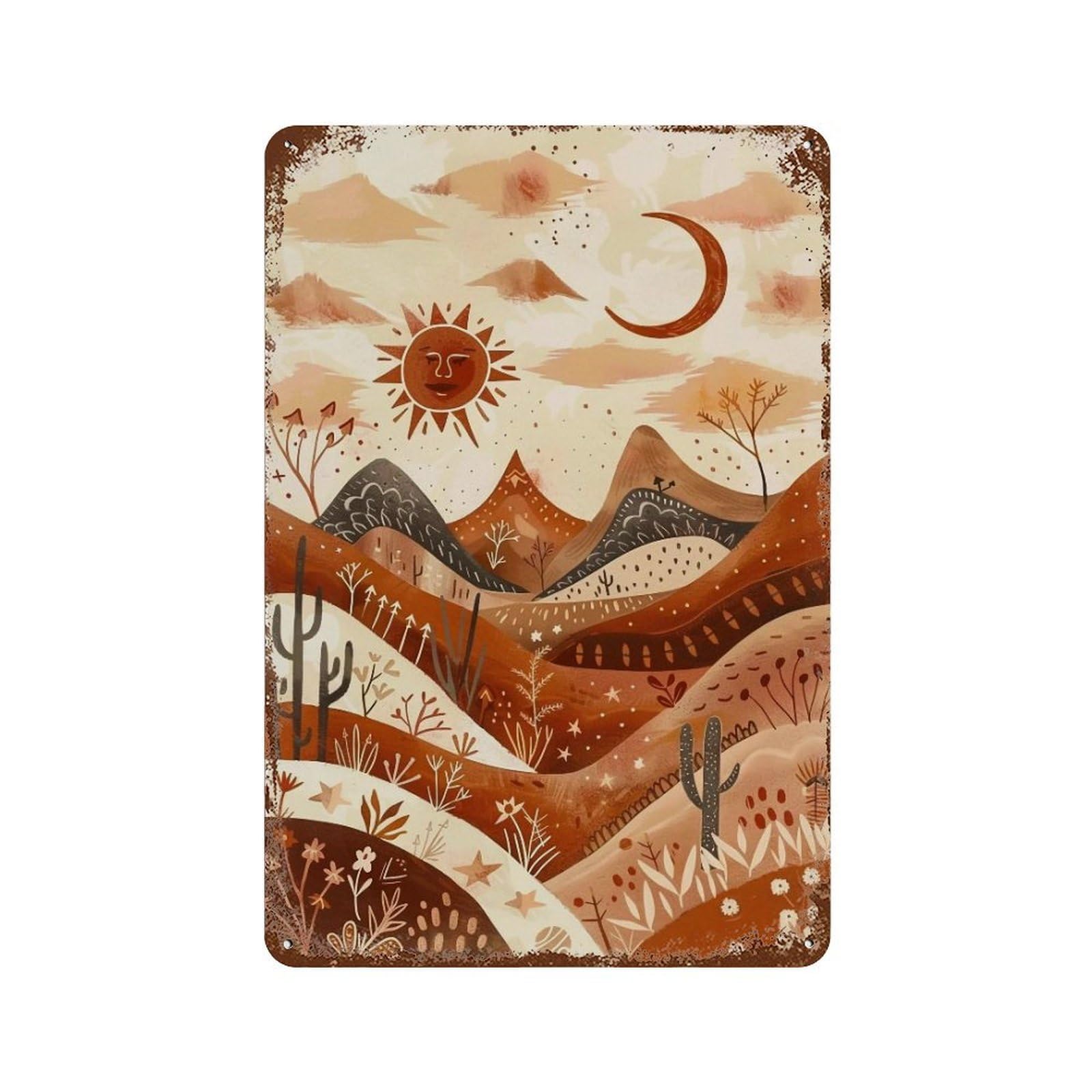 WIHYRTUI Earth Tone Folk Pattern Arid Mountain Cactus Motif 04 Wall Retro Iron Metal Tin Sign Vintage Art Poster Modern Home Cofffee Club Art Bar Shop Decor Style 30x20cm