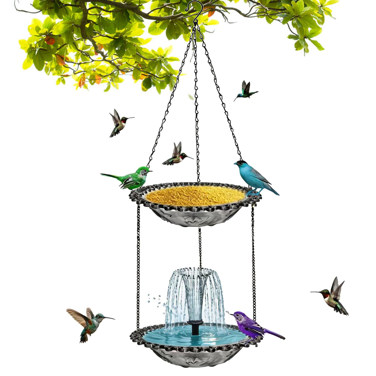 Solarbetriebene Vogelbad- Wetterbeständiger Wasserfall mit Futterschale | Solar Vogel für Terrasse, Garten, Pool, Deck, Hinterhof, Hof, Zuhause und Landschaftsbau