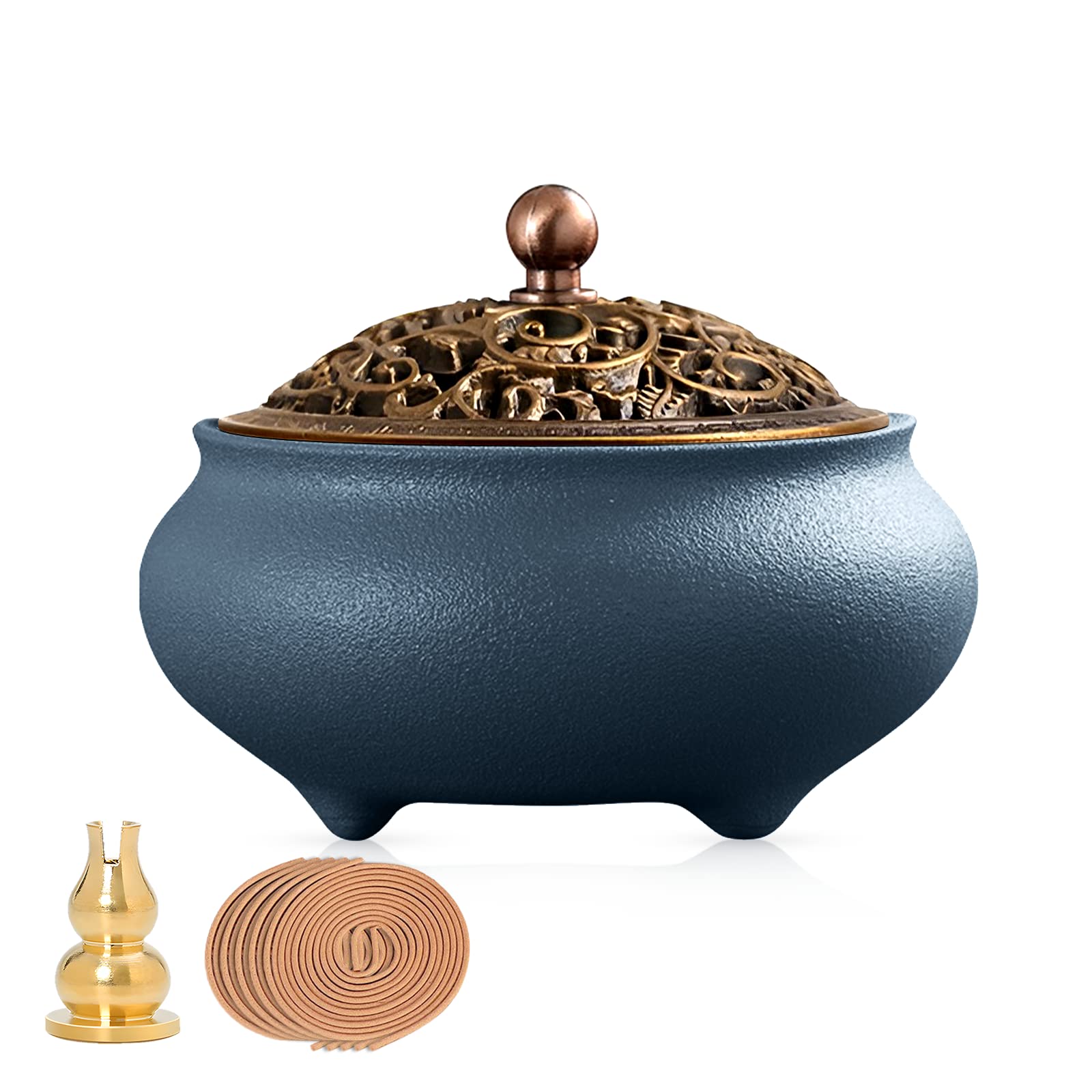 Coil Incense Burner， Ceramic Cone Incense Burner Holder Suitable for Incense/Cone/Coil/Stick, Sage, Mosquito Incense, and Charcoal. Incense Holder+Fireproof Cotton Inside.(Blue)