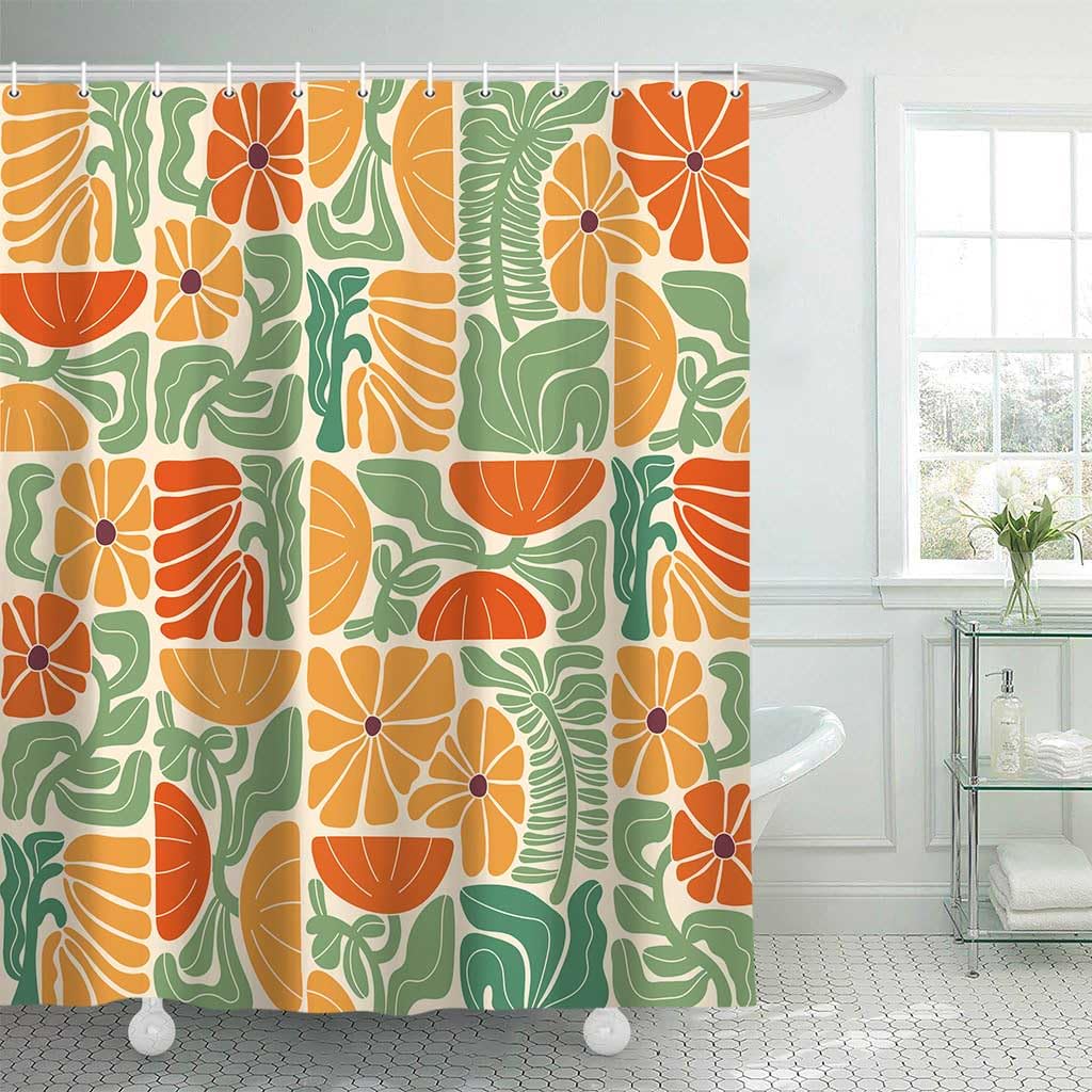 DeeCabin Boho Abstract Colorful Floral Shower Curtain, Vintage Retro Patchwork Orange Green Flower Botanical Geometric Aesthetic Groovy Bathroom Decor