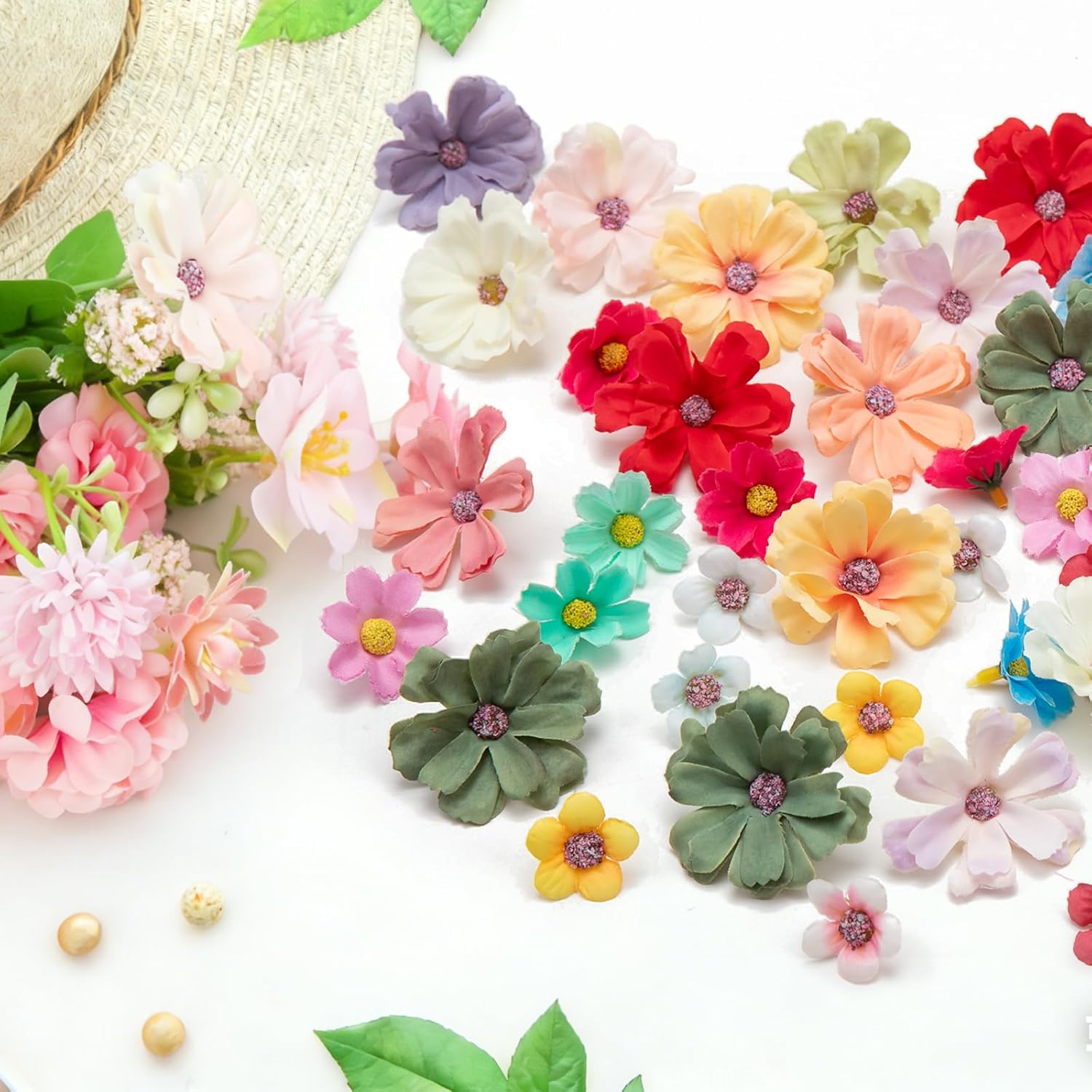 200pcs Mini Faux Flower Heads Artificial Flower Heads Small Silk Flower Fake Daisy Peony Flowers for Craft Garland Wedding Party Supply Home Decoration