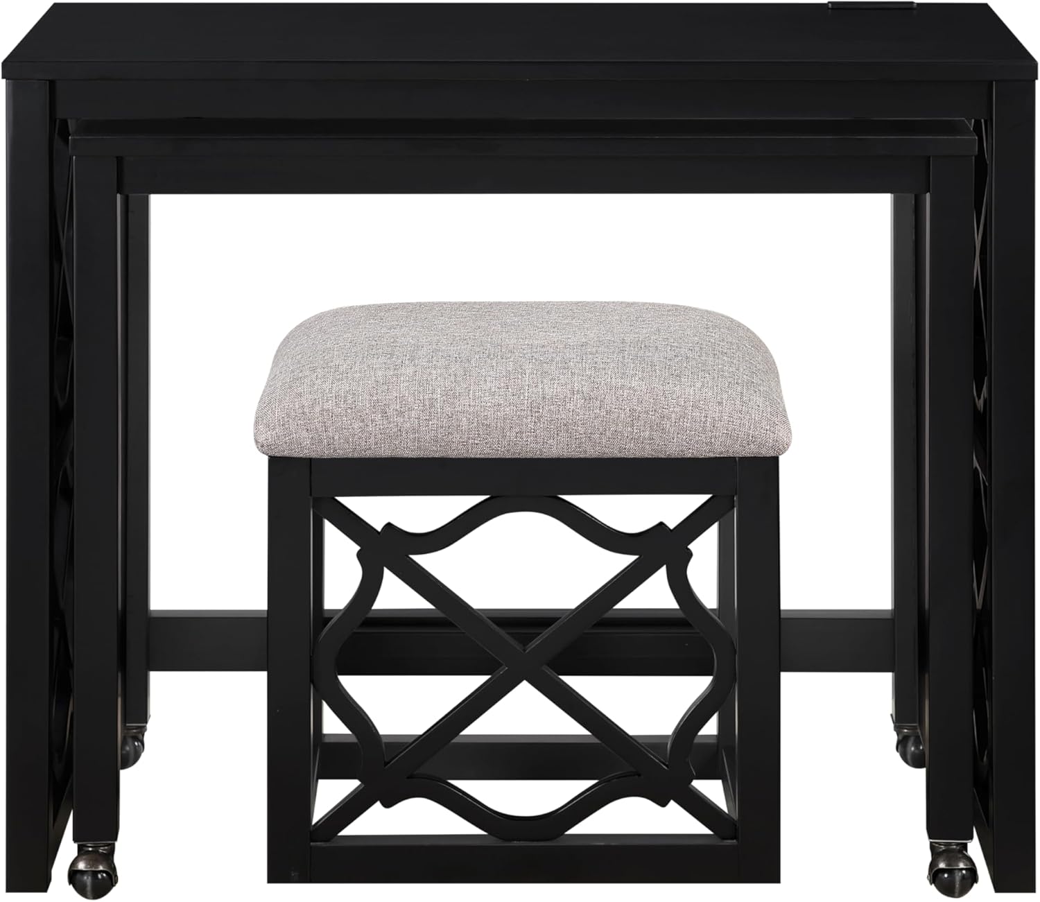 Desks and Stool Set 3pc Black Finish Rolling Desk with Casters, 2 Charging Ports Home Office Furniture