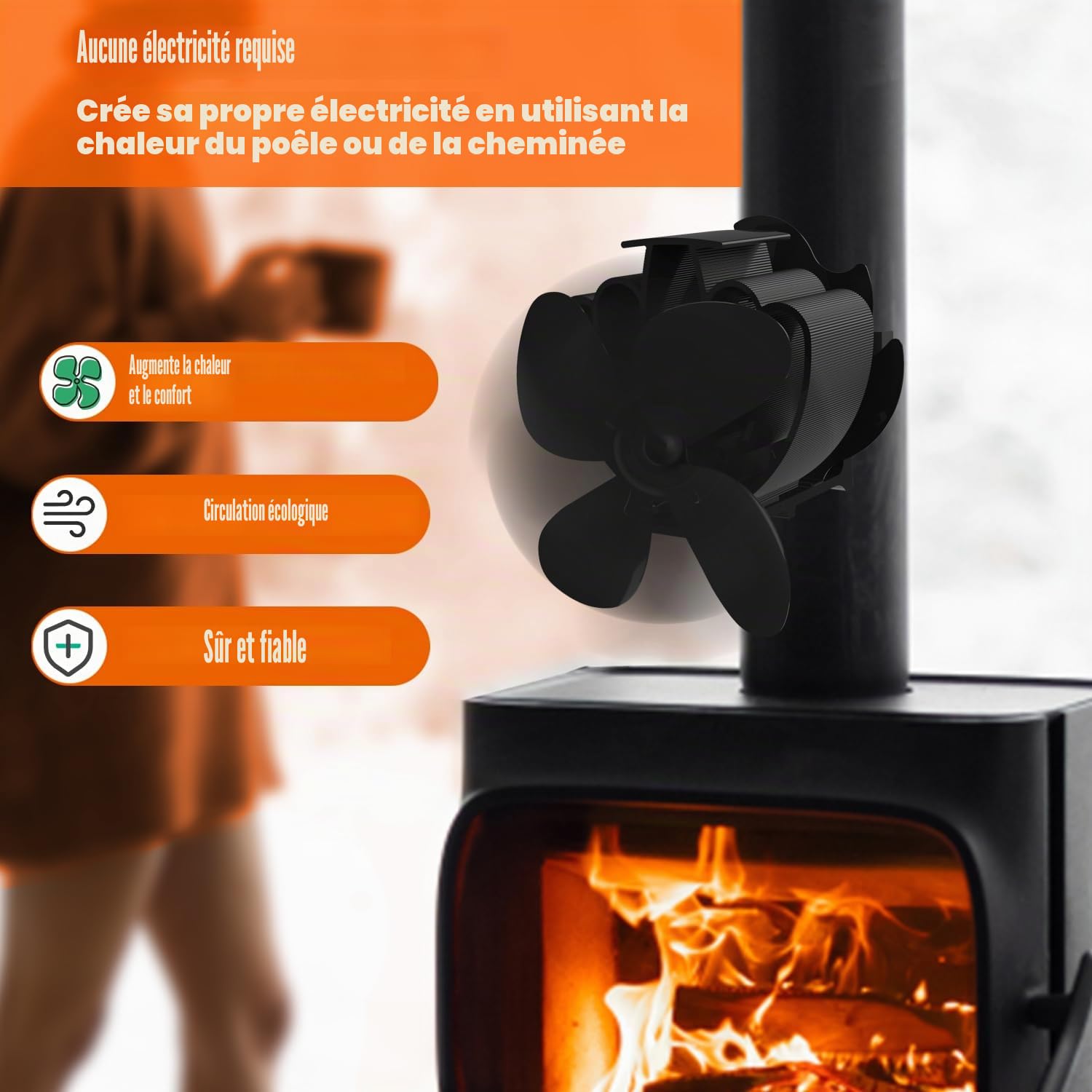 Ventilateur pour foyers, poêles à bois, cheminées, ventilateur 4 pales, fonctionne sans électricité, en forme de ramure, noir 5.00W