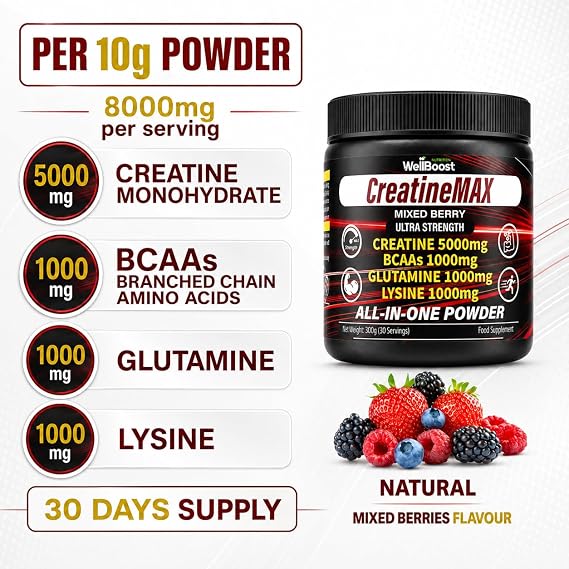 CreatineMAX Powder | 5g Creatine & BCAAs & Amino | Mixed Berry | 300g