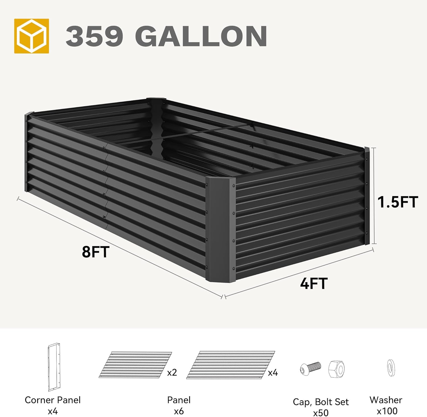 DWVO 8 x 4 x 1.5 FT Raised Garden Bed Kit, Outdoor Galvanized Flower Bed with Safety Rubber and Gloves, Large Metal Planter Box for Vegetables, Flowers, Herbs, Fruits, Black