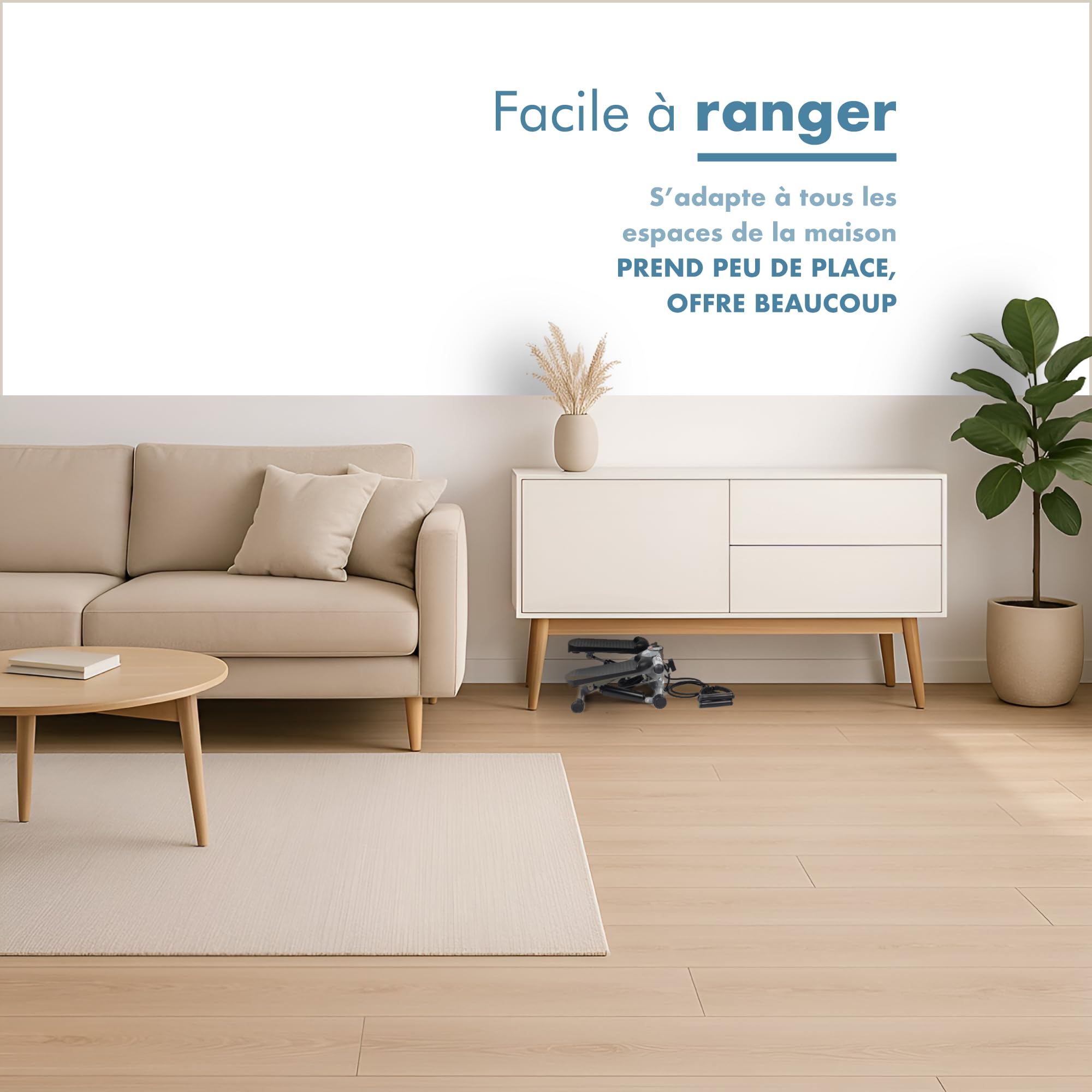 PORTENTUM Mini Stepper Fitness Appartement avec Bandes de résistance et écran LCD 5 Fonctions — escalier Sport Maison 3-en-1 pour Jambes, fessiers et Bras — Intensité réglable — Compact