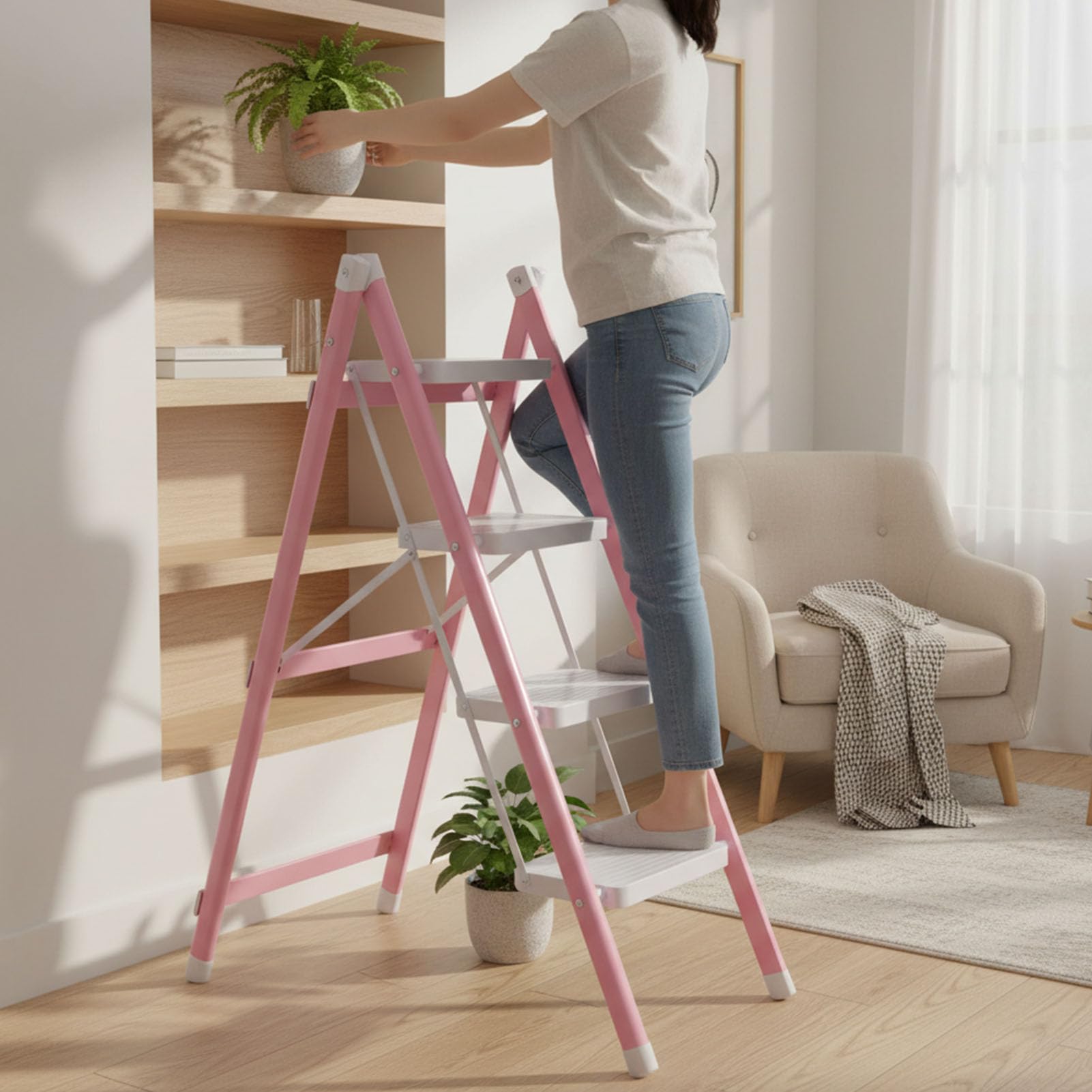 Srliya Scaletta a 4 Gradini Scaletta per Sgabello Pieghevole Antiscivolo per Fiori Addensata per Cucina Camera da Letto Ufficio Bianco Rosato