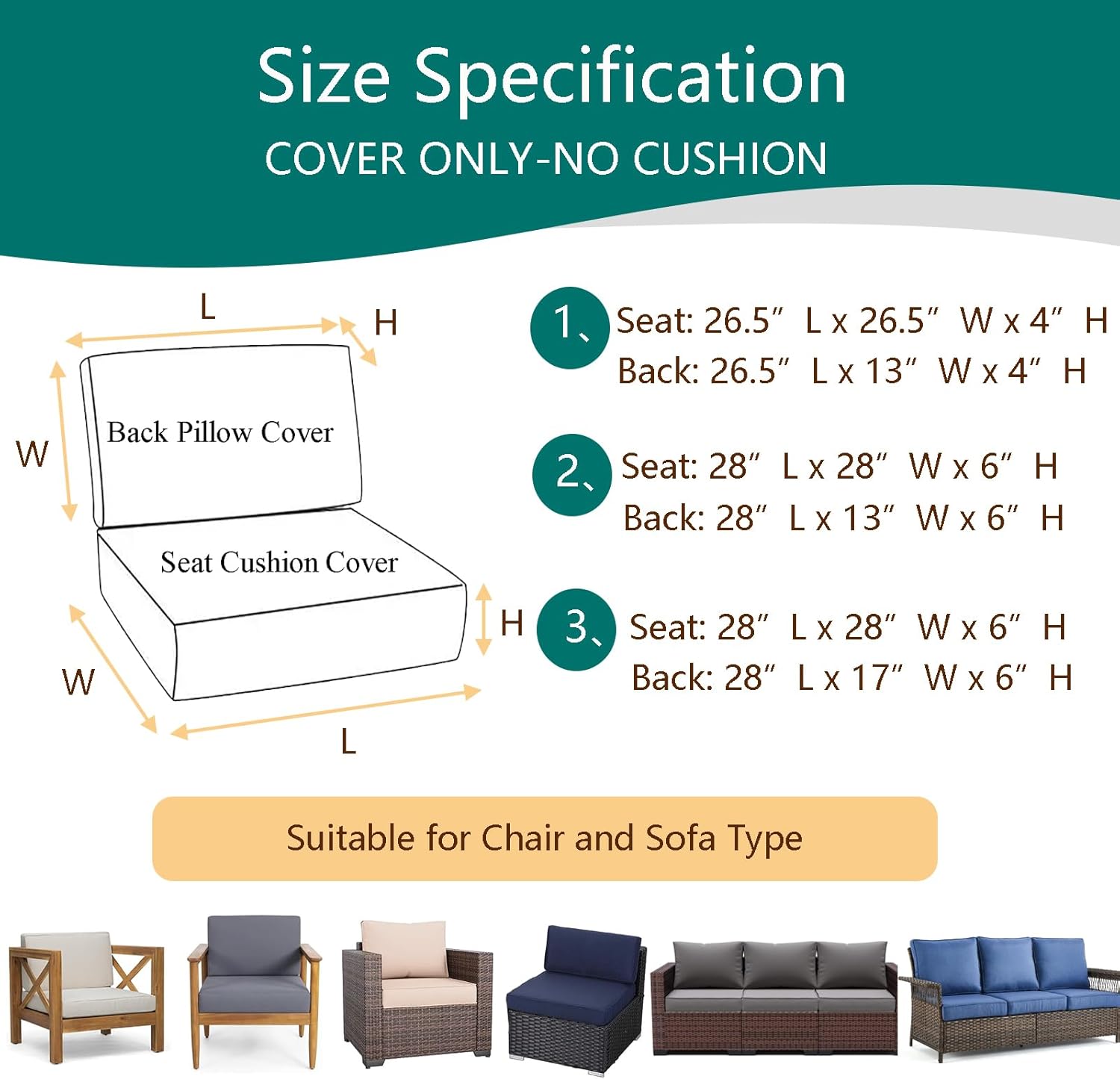 Patio Cushion Covers Replacement Outdoor Seat Cushions Cover for Patio Furniture, 4Pcs Deep Seat Bottom and Back Cushion Cover Set for Chair, Sofa and Couch, 28x28x6, 28x17x6, Blue