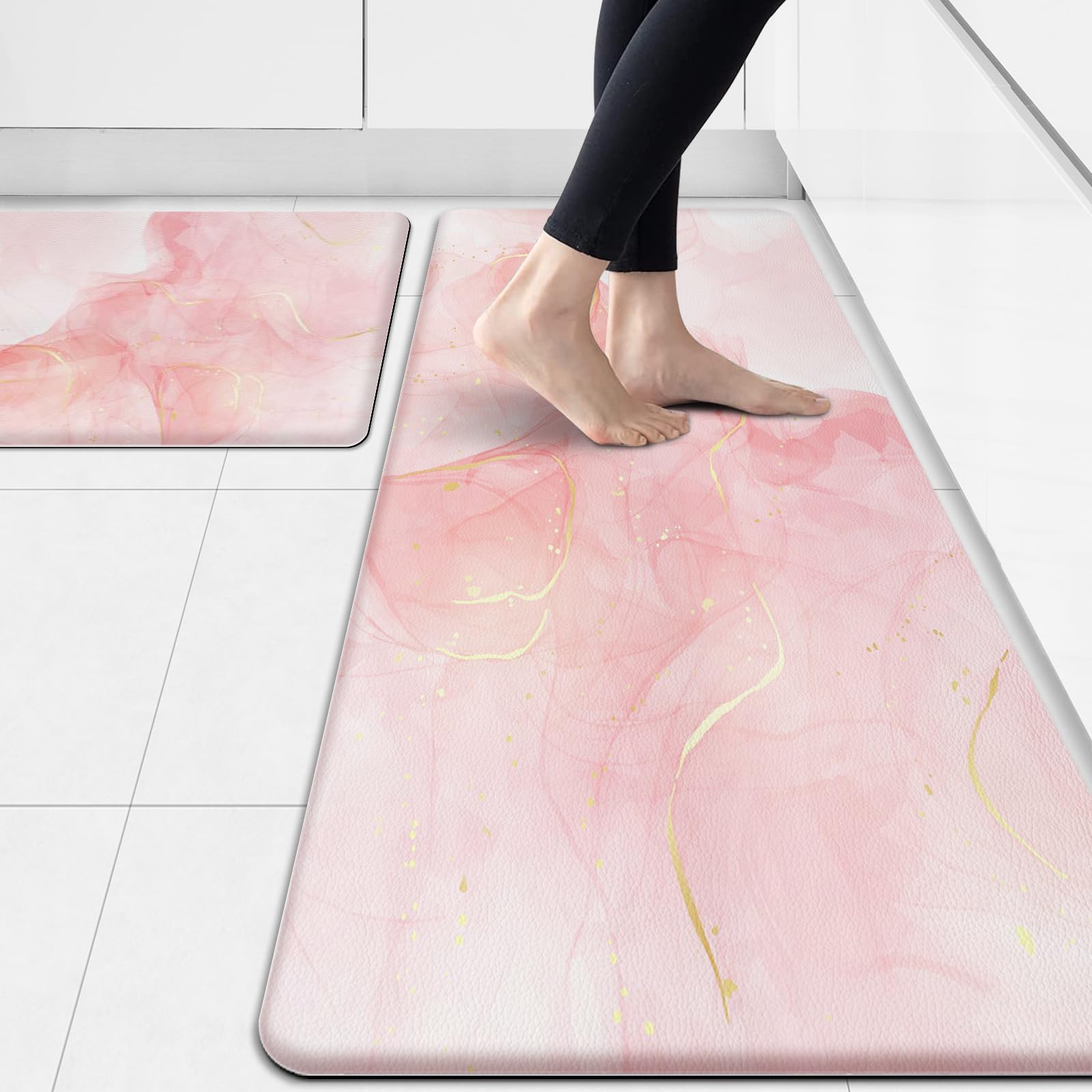 Pink Kitchen Rugs Non Slip Kitchen Anti Fatigue Mat Modern Abstract Marble Kitchen Floor Mat Gold Kitchen Accessories Comfort Memory Foam Rugs for Kitchen Floor,in Front of Sink,Laundry