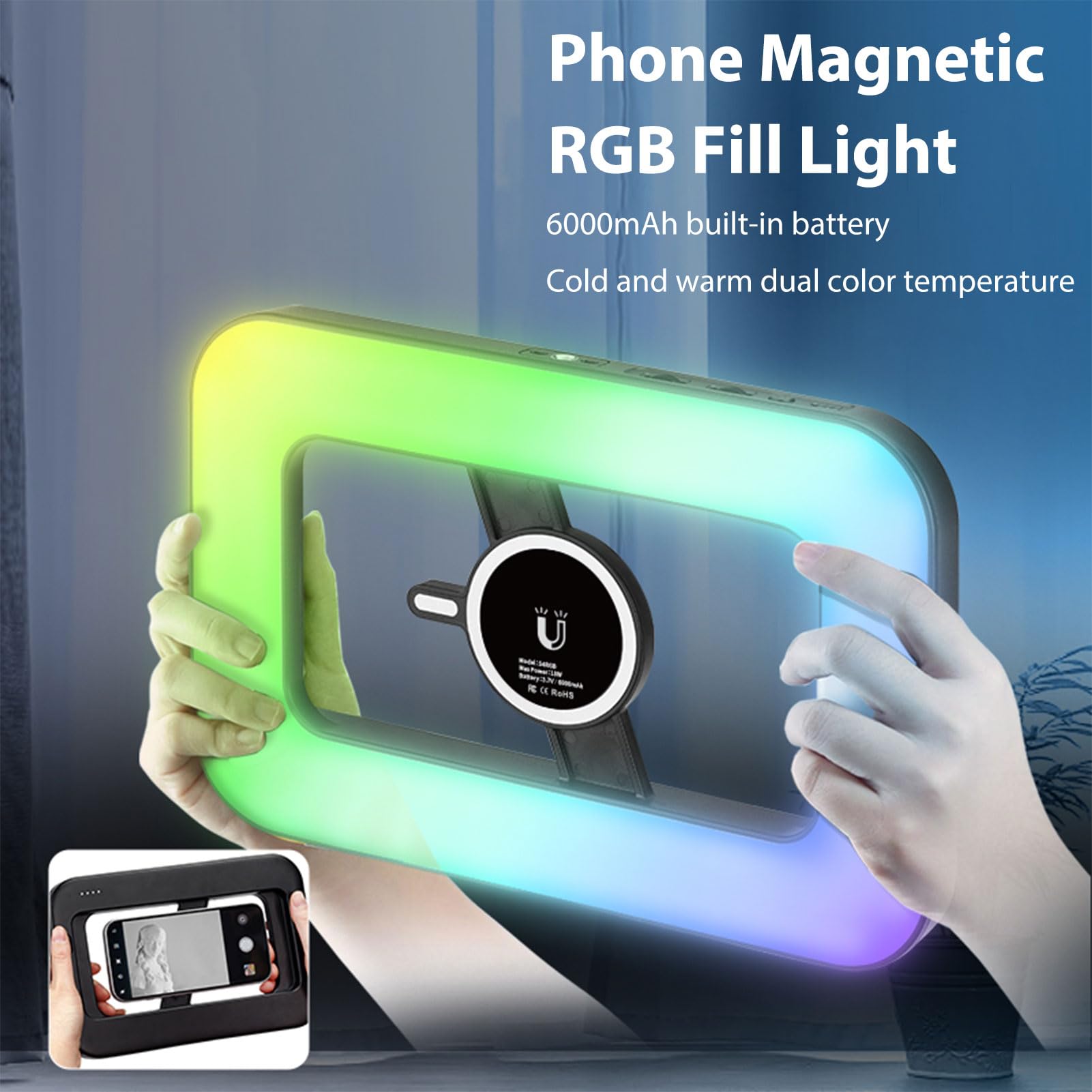 VBESTLIFE Anello Luminoso per Telefono Magnetico, 448 LED 6000mAh Luce per Selfie RGB Ricaricabile per Telefono, Stabilizzatore Portatile con Luce per Video, Foto, Trucco