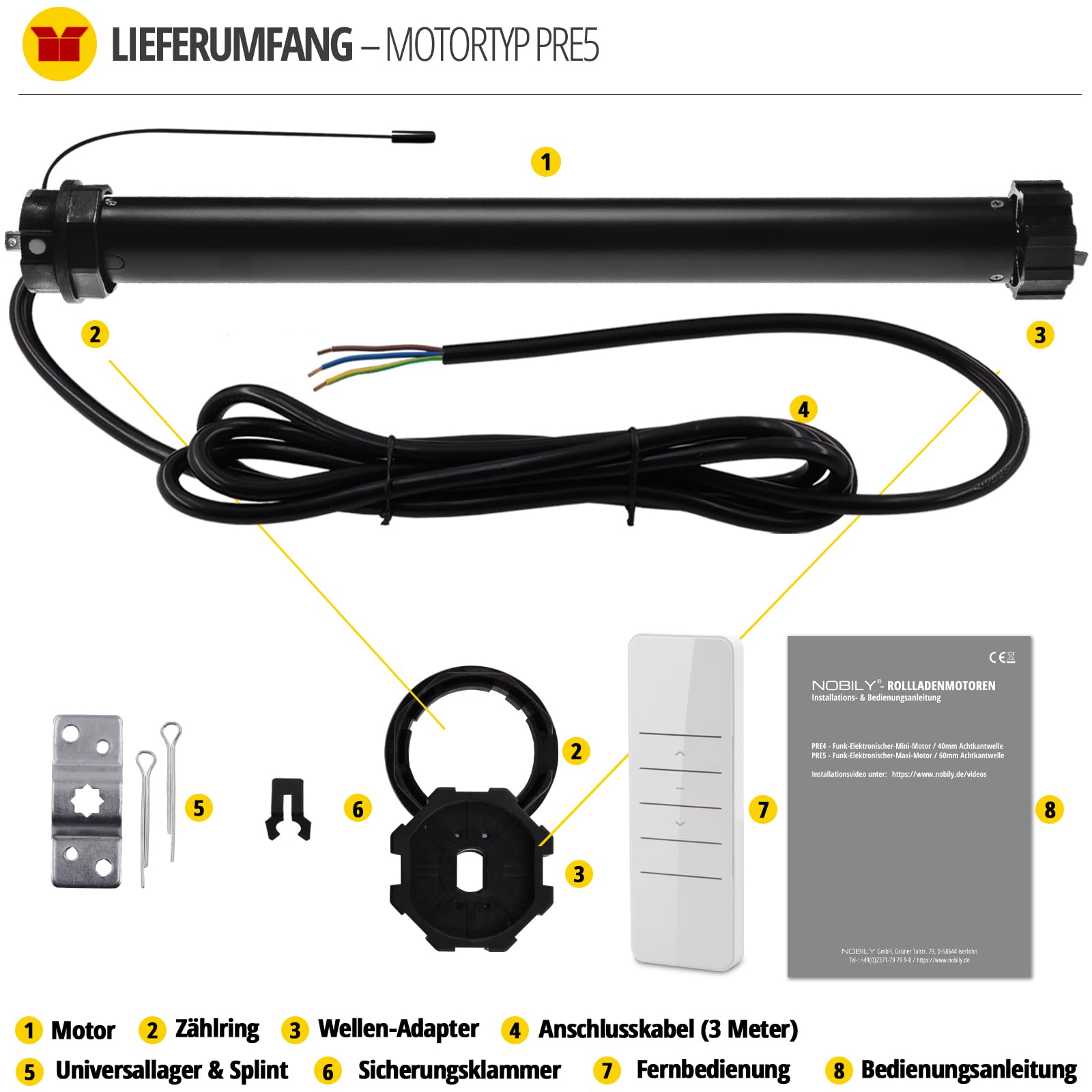 NOBILY Funk elektronischer Rollladenmotor PRE5 40/15-60(Zugkraft 40Nm/90kg) mit elektronischen Endabschaltern für 60mm Achkantwelle(SW60), Rollladenantrieb, inkl. Motorlager und Adaptersatz