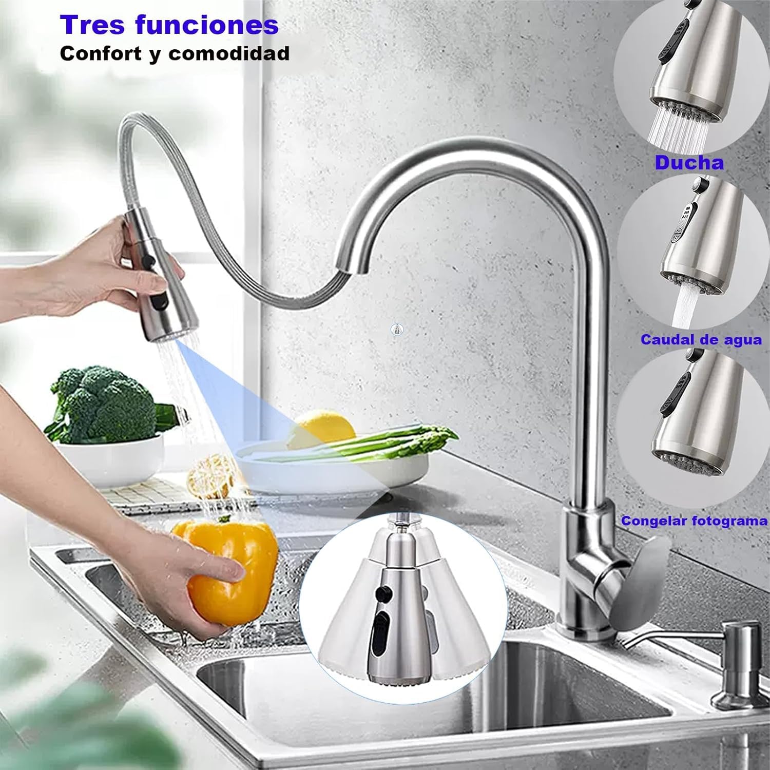 Grifo de cocina extraíble y retráctil, grifo de cocina giratorio 360°, grifo mezclador de cocina de acero inoxidable con 3 funciones, grifo mezclador de alta presión para fregadero de cocina