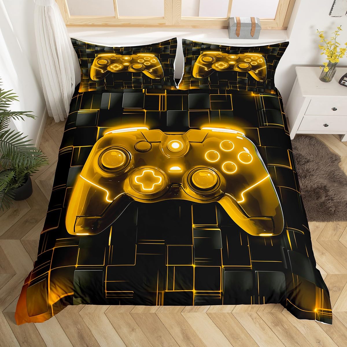 Housse de couette gamer 2 personnes avec motif manette de jeu noir