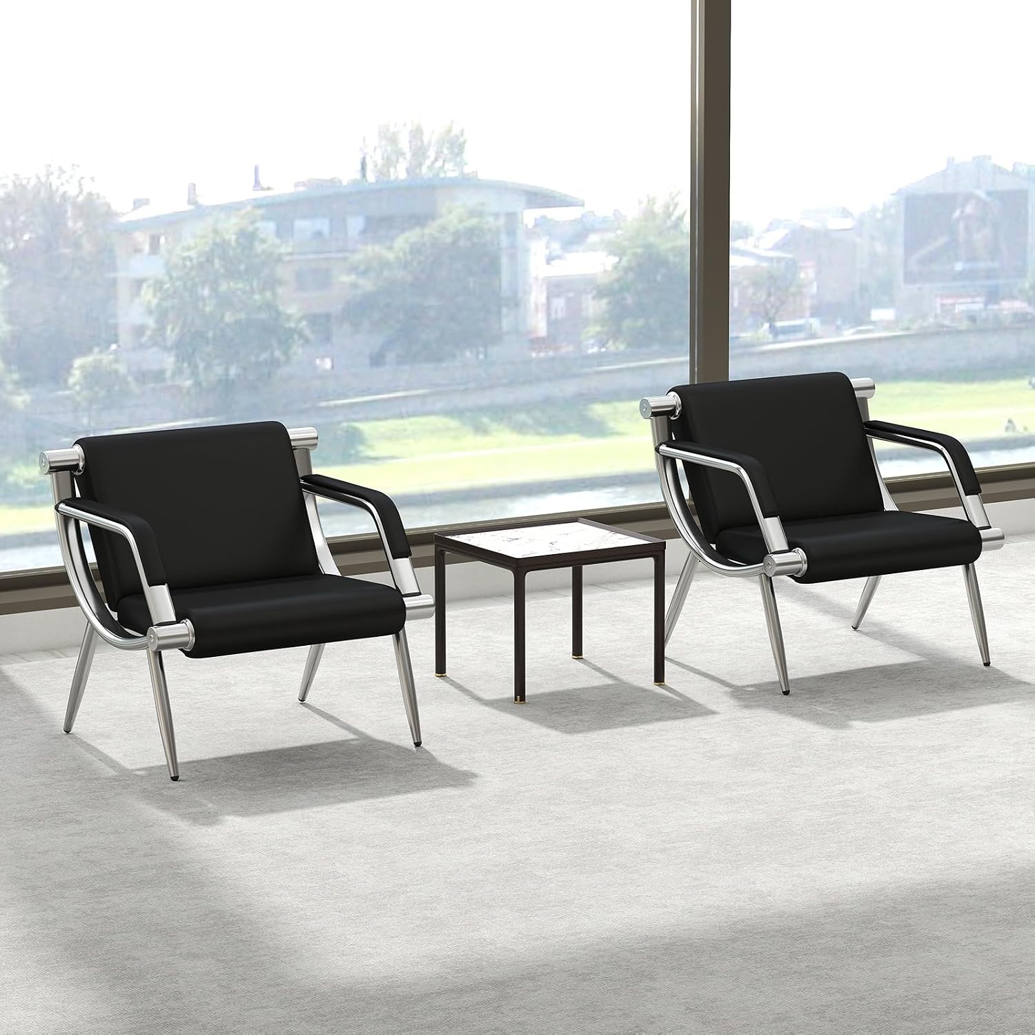 KINTNESS Office Reception Chair Set Black PU Leather Waiting Room Bench Visitor 2 Seat Guest Sofa Airport