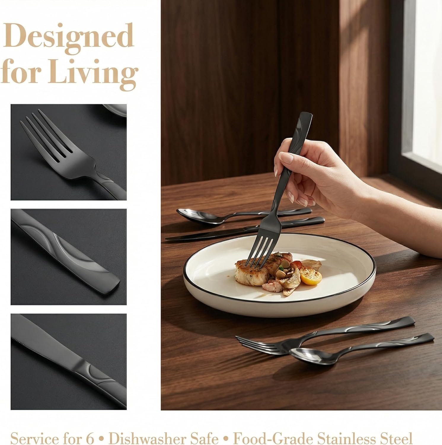 Black Silverware Set, 30 Pieces Stainless Steel Flatware Utensils, Cutlery Set Service for 6 Including Fork Spoon and Knife, Dishwasher Safe