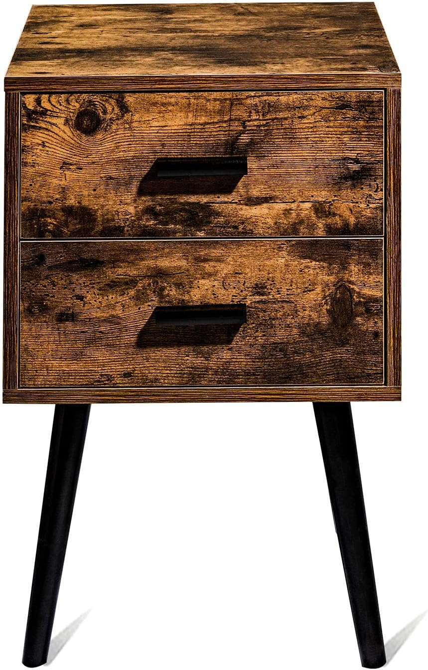 Hoorlang Wooden Night Stand with 2 Drawers Storage Cabinet, Bedside Table for Bedroom Or Mid-Century End Table for Living Room-Rustic Brown HLET03F : Home & Kitchen