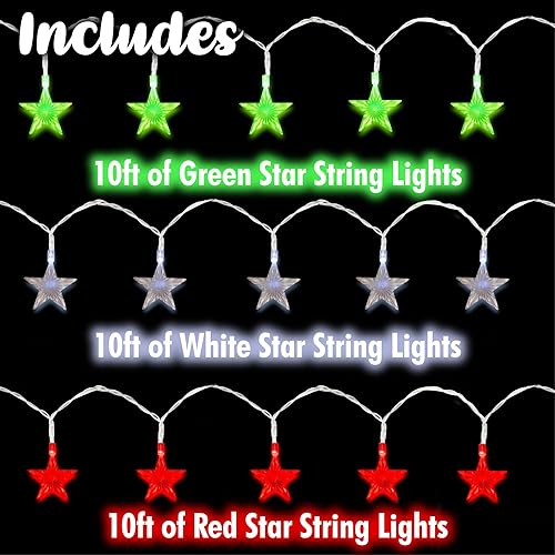 Miniatura 2 de Guirnalda de luces de estrella de Navidad de 10 pies, juego de 3 (rojo, verde y transparente), 60 luces LED con 9 modos (parpadeante, constante,