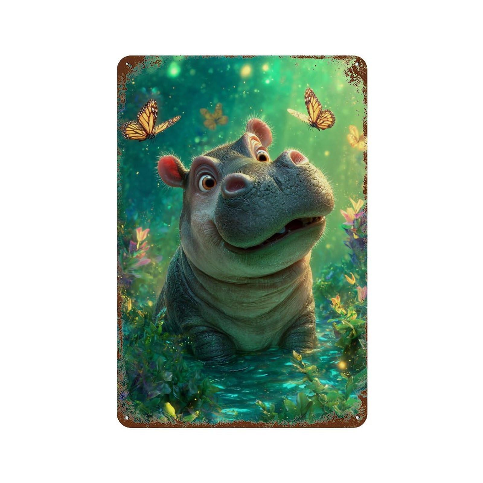 Rustic Tin Plaque with Hippopotamus in Enchanted Garden Design 11.8"x7.9", for Pub, Kitchen And Man Cave Decor, Old School Wall Decor