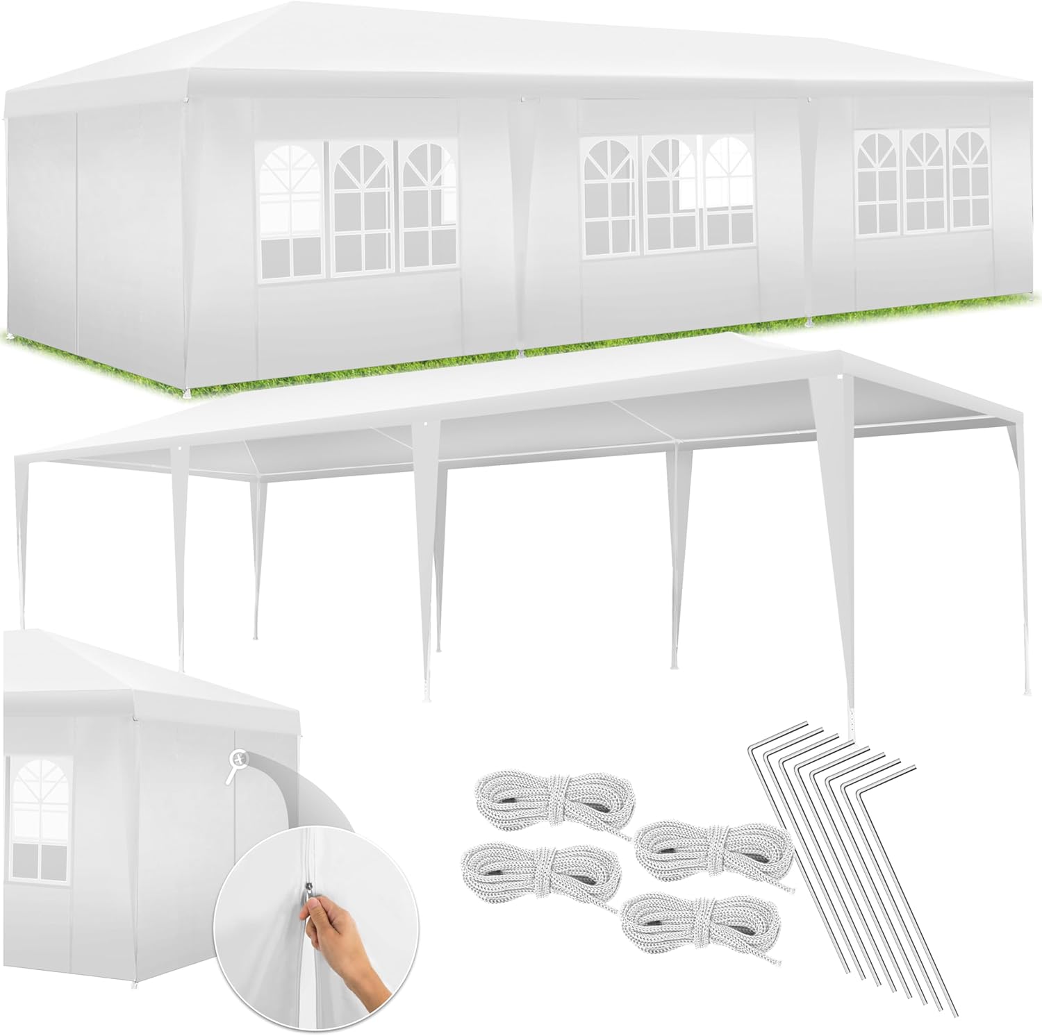 The TecTake 9x3m Garden Gazebo fully assembled, with its white waterproof canopy and side walls featuring windows. Included components like ropes and stakes are shown in the foreground.