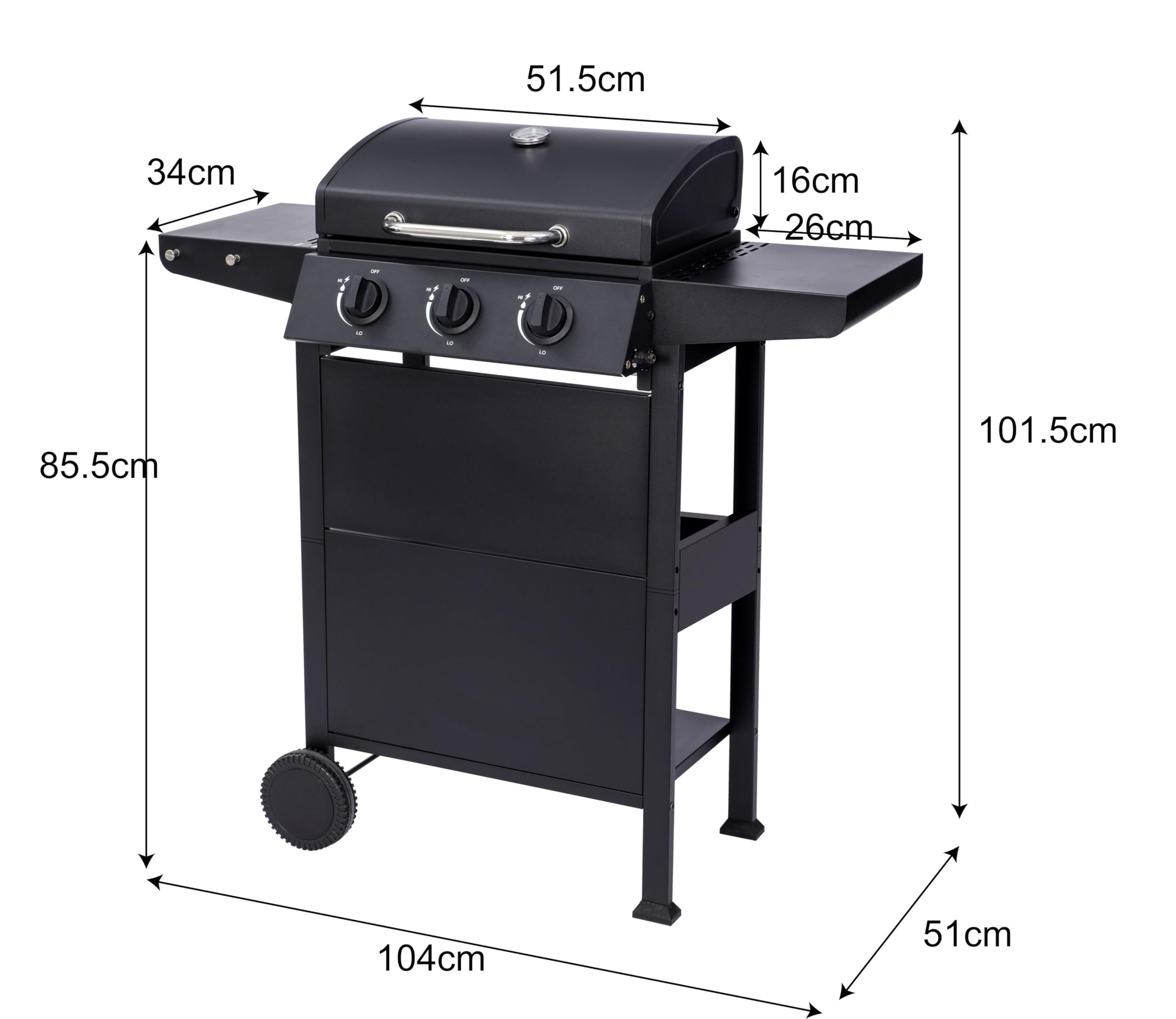 Grill gazowy "San Jose 3 palniki" firmy El Fuego®, w zestawie wąż gazowy i reduktor ciśnienia, ruszt do grillowania z żeliwa, z termometrem i dużymi półkami bocznymi, grill BBQ | AY0205