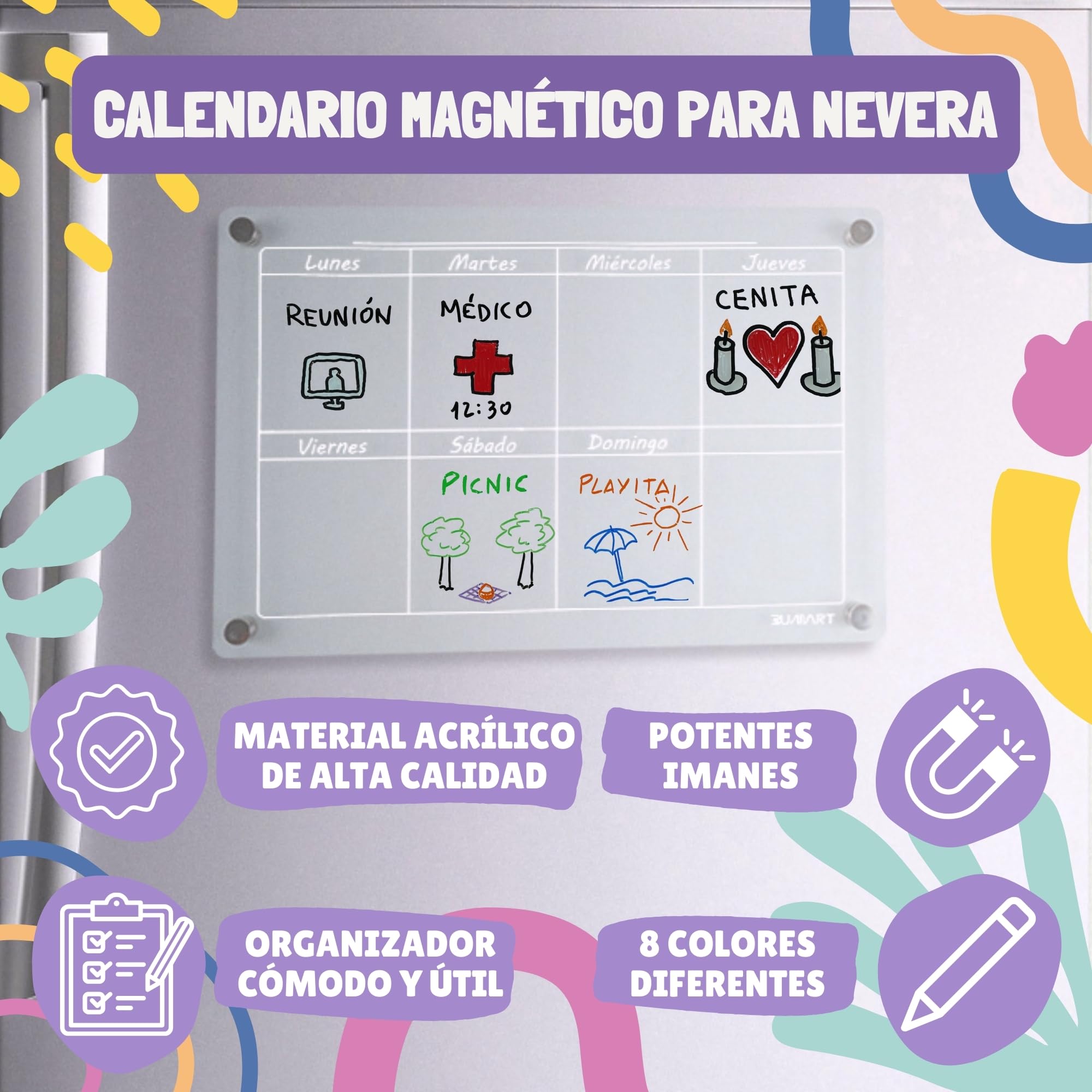 Calendario Magnético para Nevera - Juego de 2 Calendarios Magnéticos Mensual y Semanal + Accesorios para tu frigorífico - Transparente - En Español | Planificador