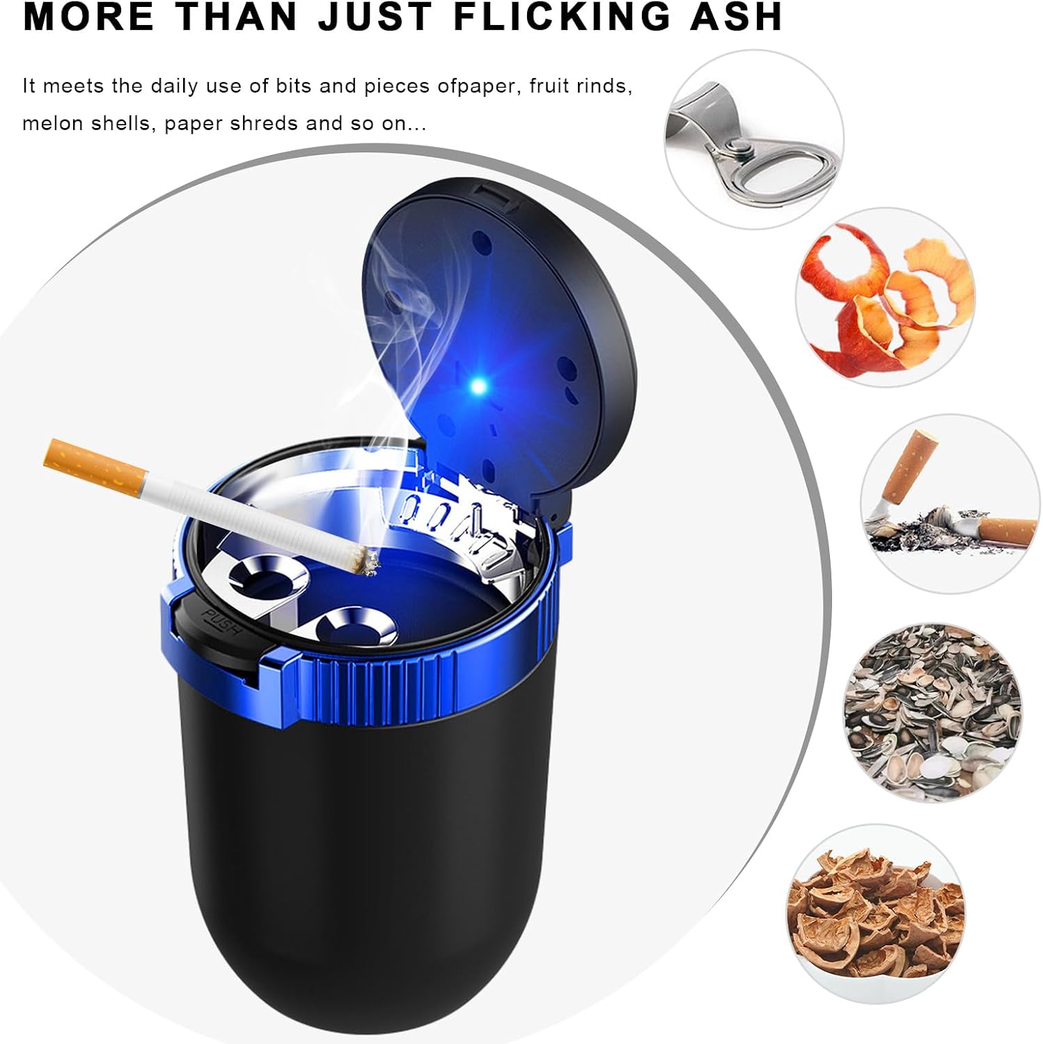 Car Ashtray with Lid, Detachable Stainless Steel Smokeless Ash Tray with LED Blue Light, Waterproof Portable Mini Auto Trash Can for Vehicle Cup Holder, Car Accessories (Blue)