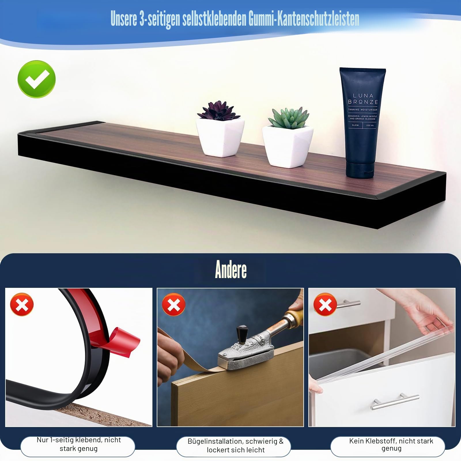 Gummikantenleiste, Selbstklebende U-förmige Kantenleiste für Schranktürkanten, Schubladenoberseiten, Schreibtische, Flexibler Möbelkantenschutz, Größe 19 mm, passend für 18–20 mm, Länge 6 m