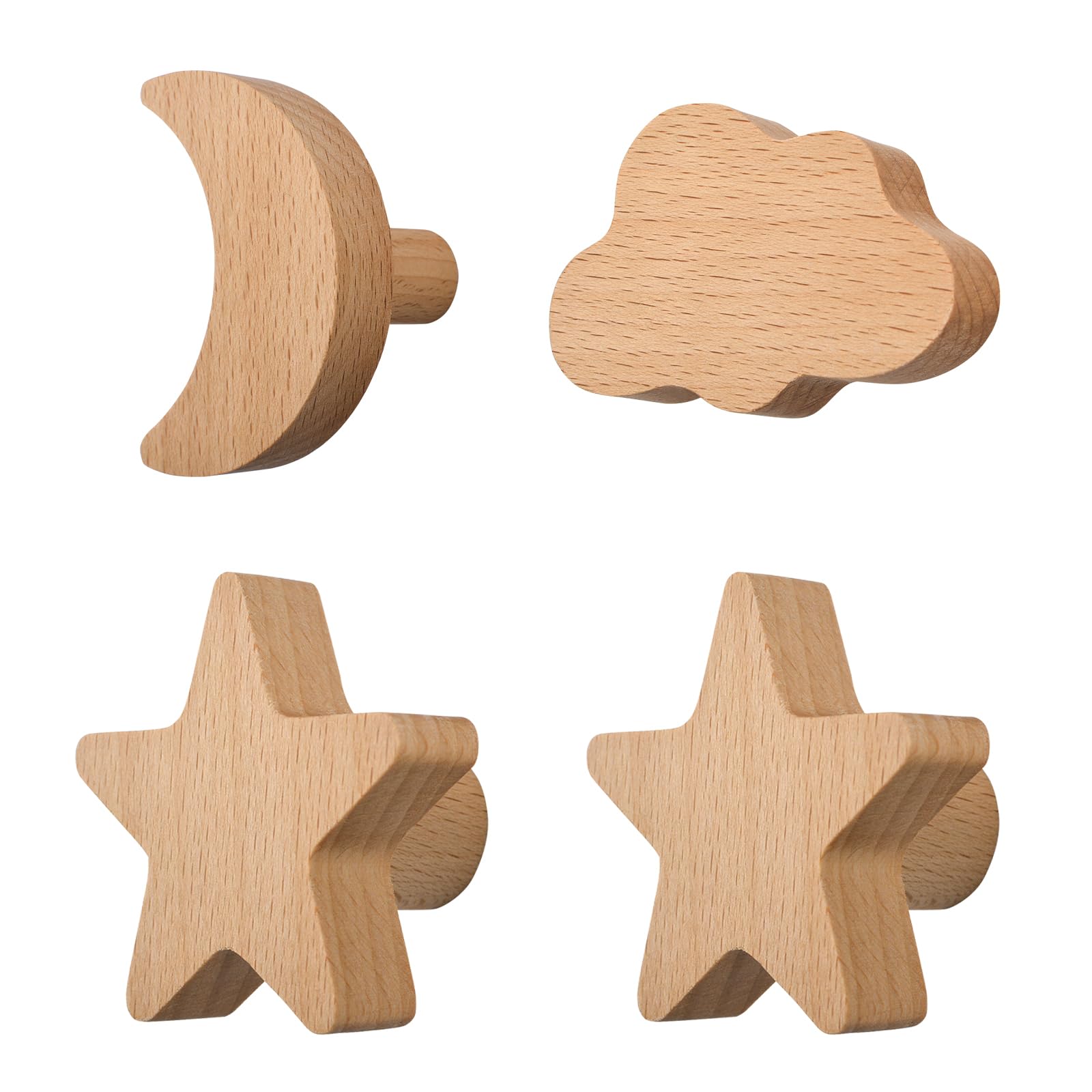 MOROBOR 4PCS Cloud Moon Star Shaped Wooden Hooks, Decorative Nursery Hook Single Hole Beech Wood Handles Self Stick Wood Cupboard Cabinet Handle for Bedroom Living Room Children's Room — image 1