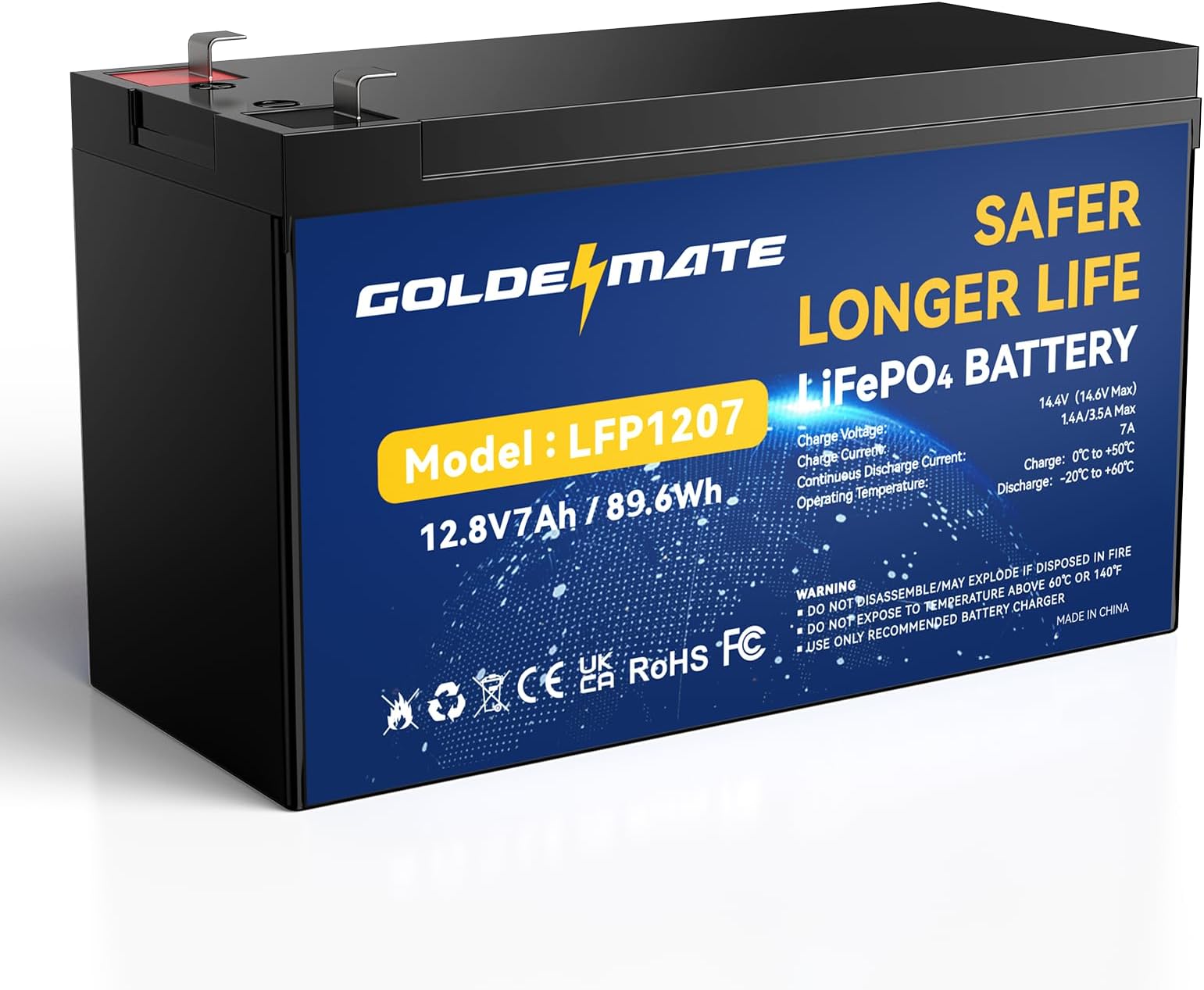 GOLDENMATE 12V 7Ah Lithium LiFePO4 Deep Cycle Battery, 5000+ Cycles Lithium Iron Phosphate Rechargeable Battery, Built-in 15A BMS, Perfect for Lighting, Power Wheels, Fish Finder, Ride on Toys