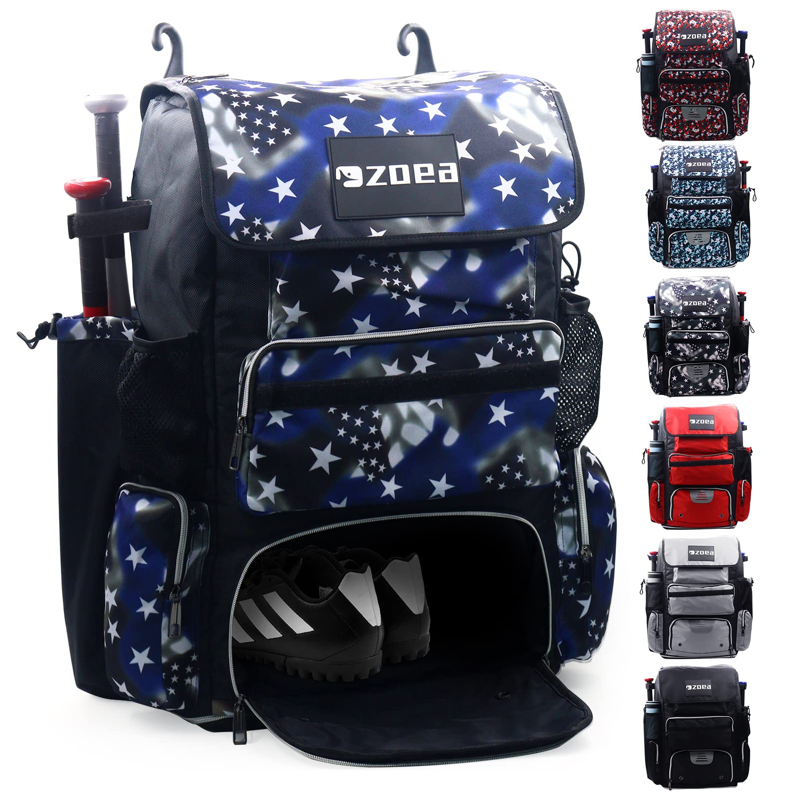 ZOEA Super Large Expandable Bat Pack, Baseball Bat Bag Backpack, T-Ball & Softball Equipment & Gear for Adults, Large Capacity Holds 4 Bats,2 Drink Pockets, Helmet, Gloves, Cleats,Shoes Compartment