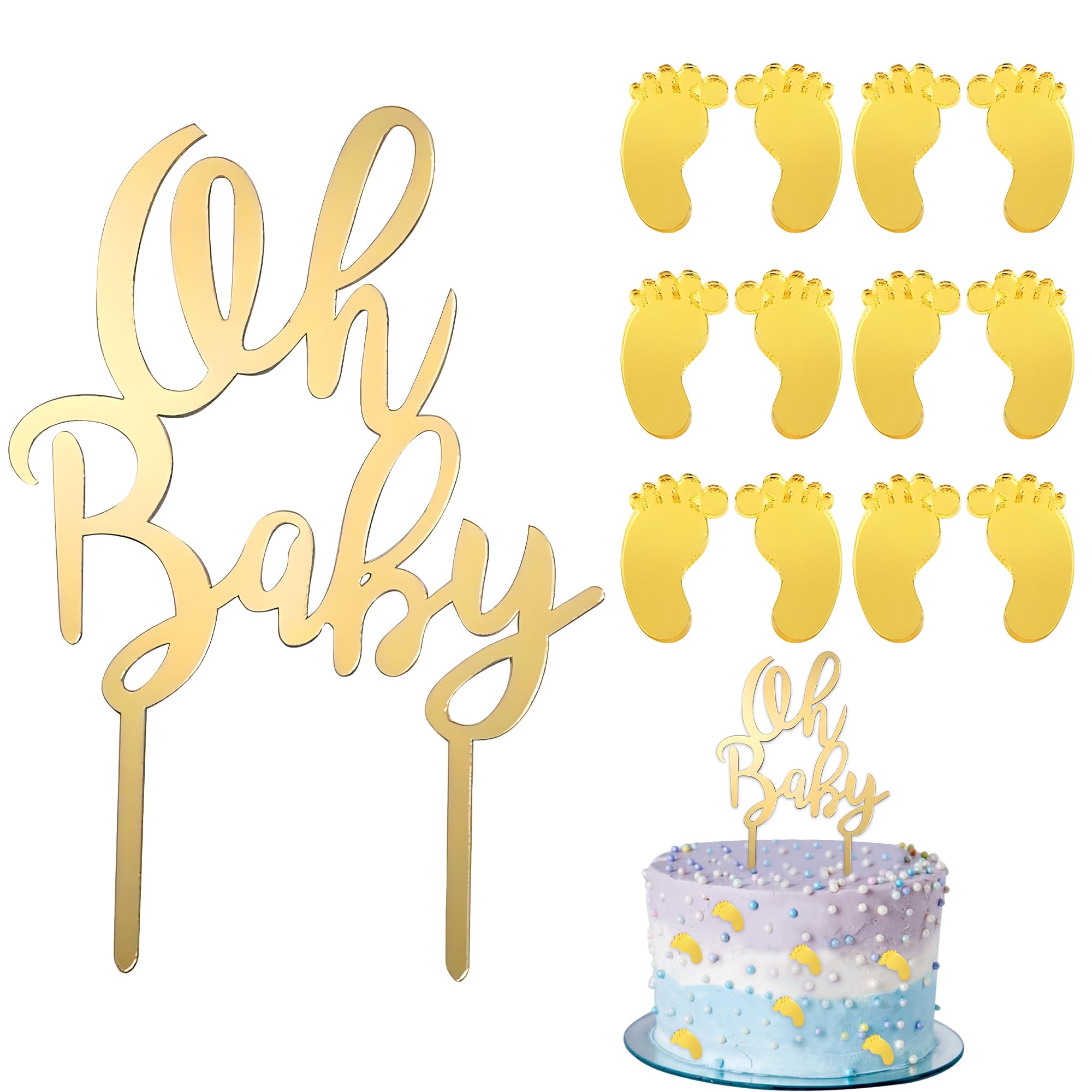 13Pcs Baby Shower Acrylic Cake Decorations Set,with 1pc Large Oh Baby Sign,12pcs Small Footprints Toppers,Baby Shower Decorations for Gender Reveal, Christening & Birthday Parties